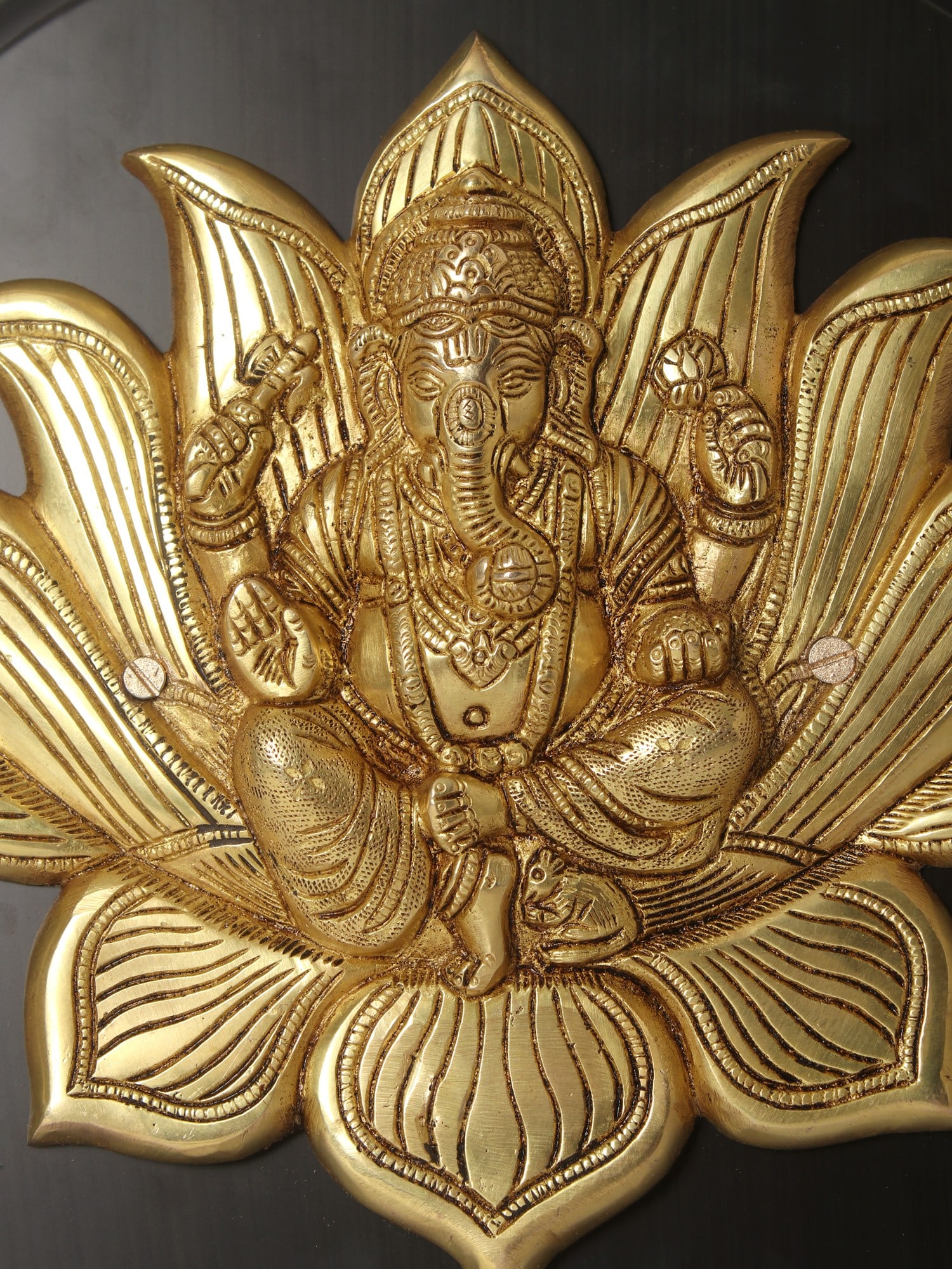 13" Lotus Ganesha in Brass | Wood Framed | Wall Hanging - 2