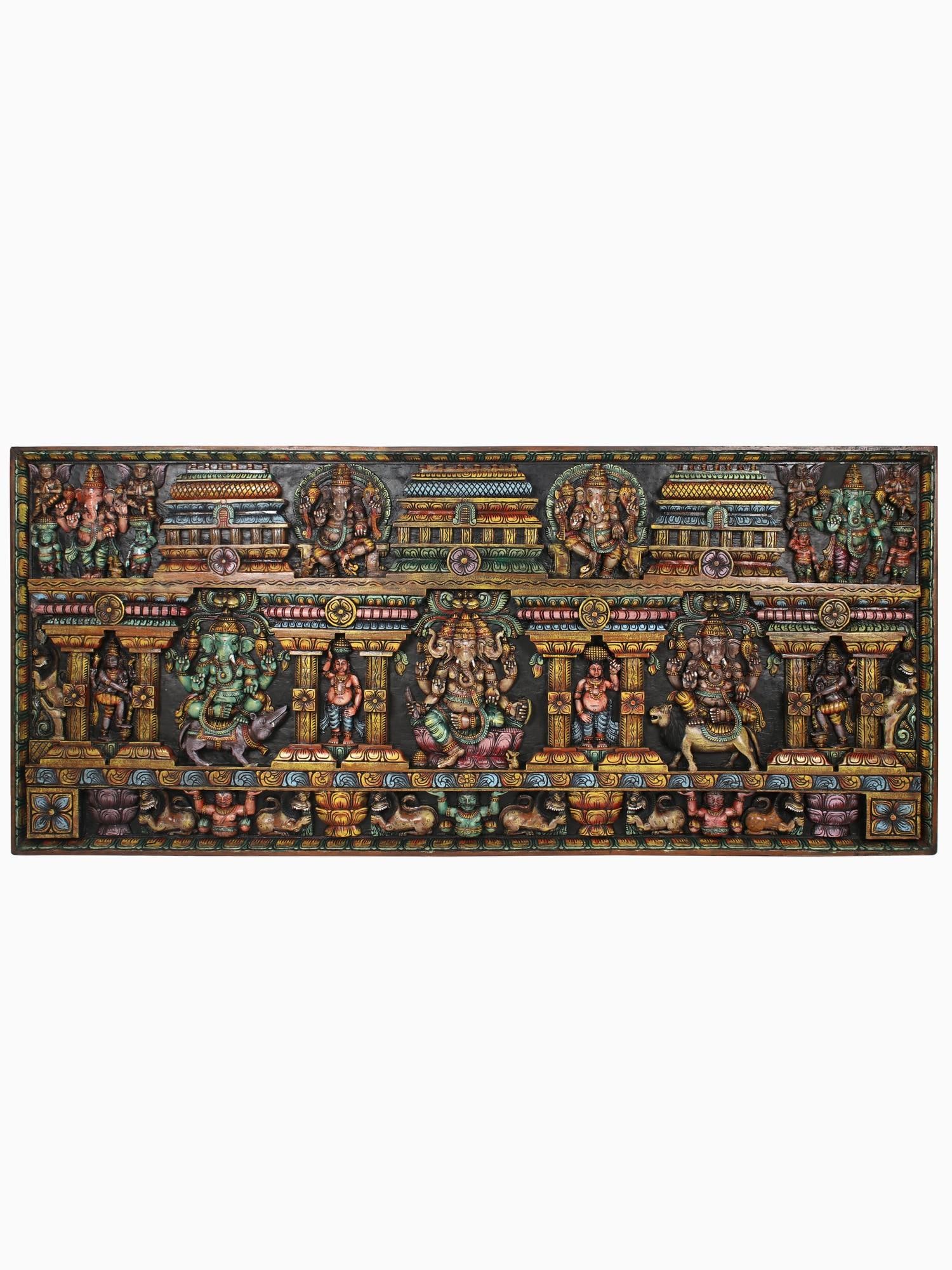 84" Super Large Lord Ganapati with His Different Forms | Wood Carved Colorful Panel (1 of 2)