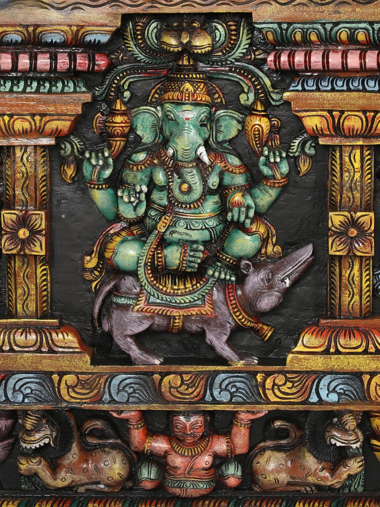 84" Super Large Lord Ganapati with His Different Forms | Wood Carved Colorful Panel - 2