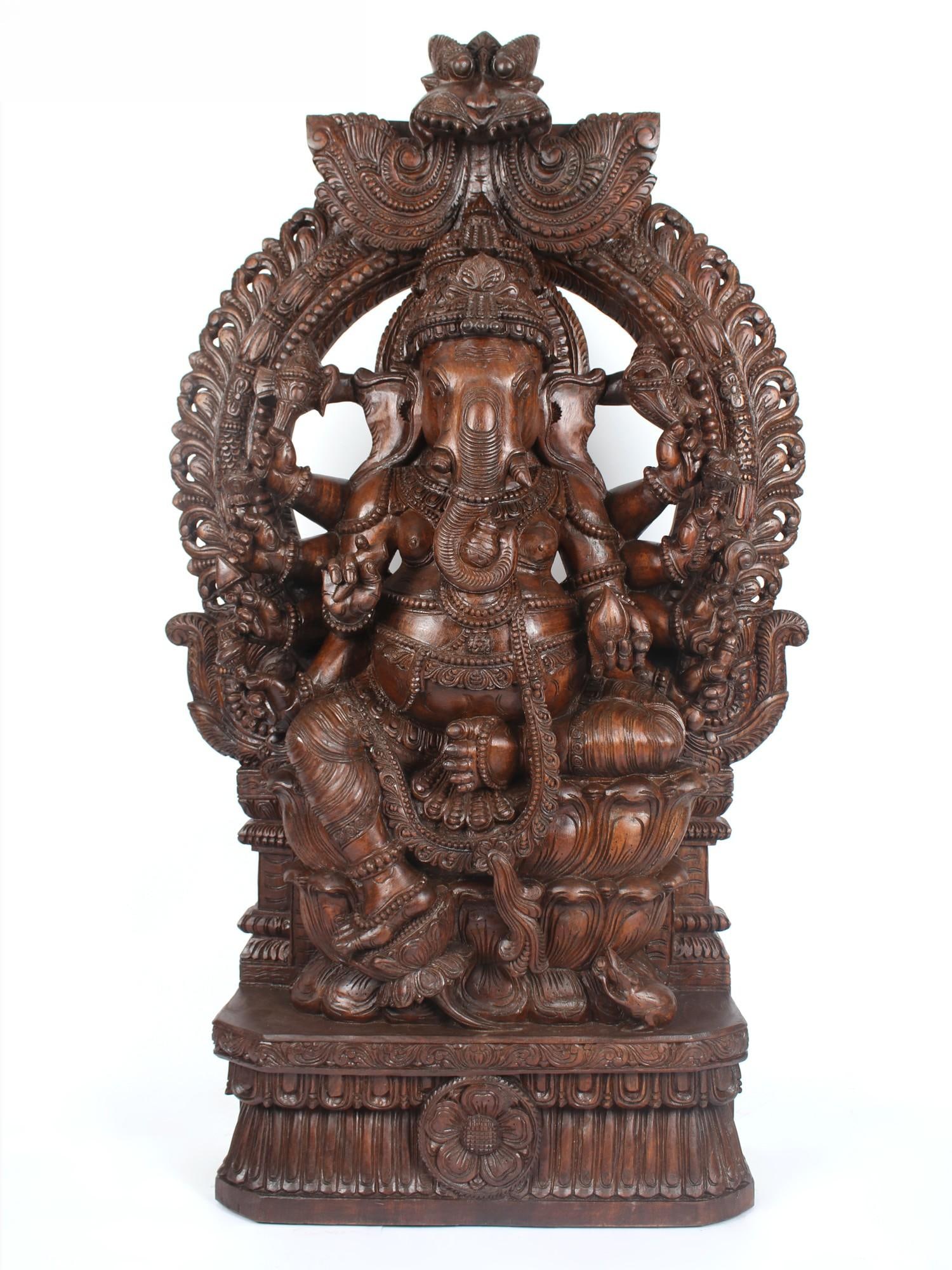60" Lage Ten Armed Lord Ganesha Seated on Kirtimukha Throne | Wood Carved Statue (1 of 2)