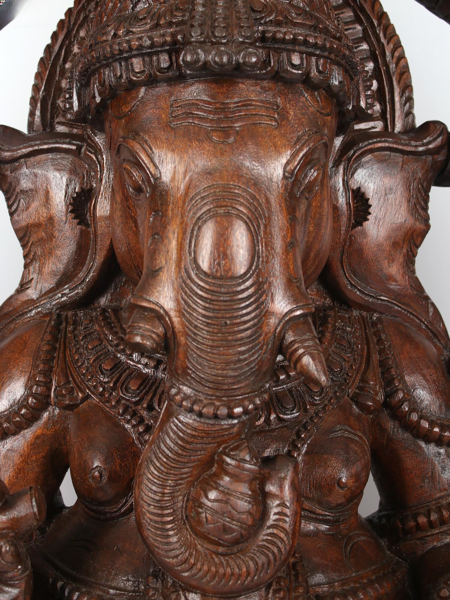 60" Lage Ten Armed Lord Ganesha Seated on Kirtimukha Throne | Wood Carved Statue - 2