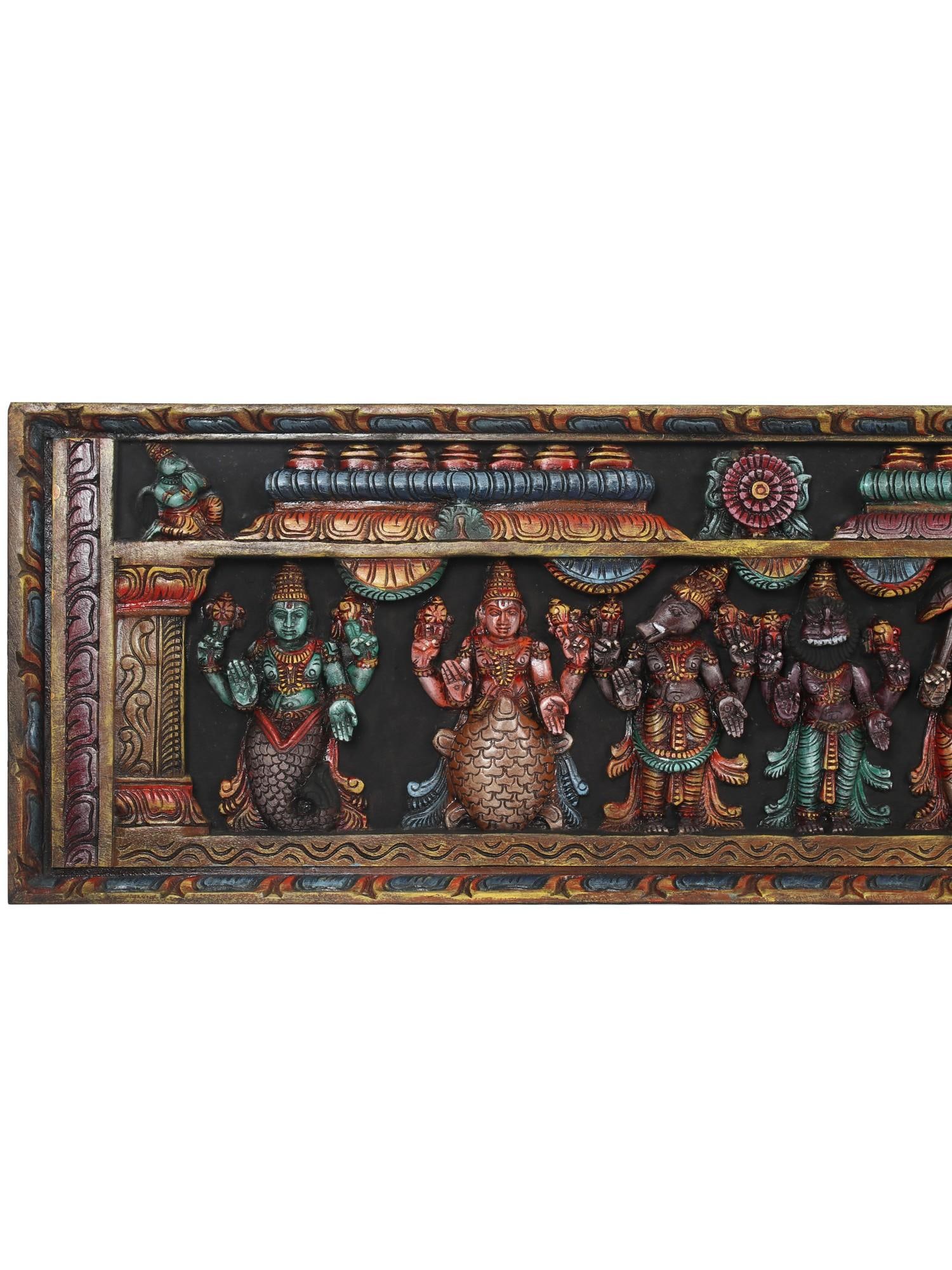 72" Large Colorful Dashavatara Panel in Wood - 2
