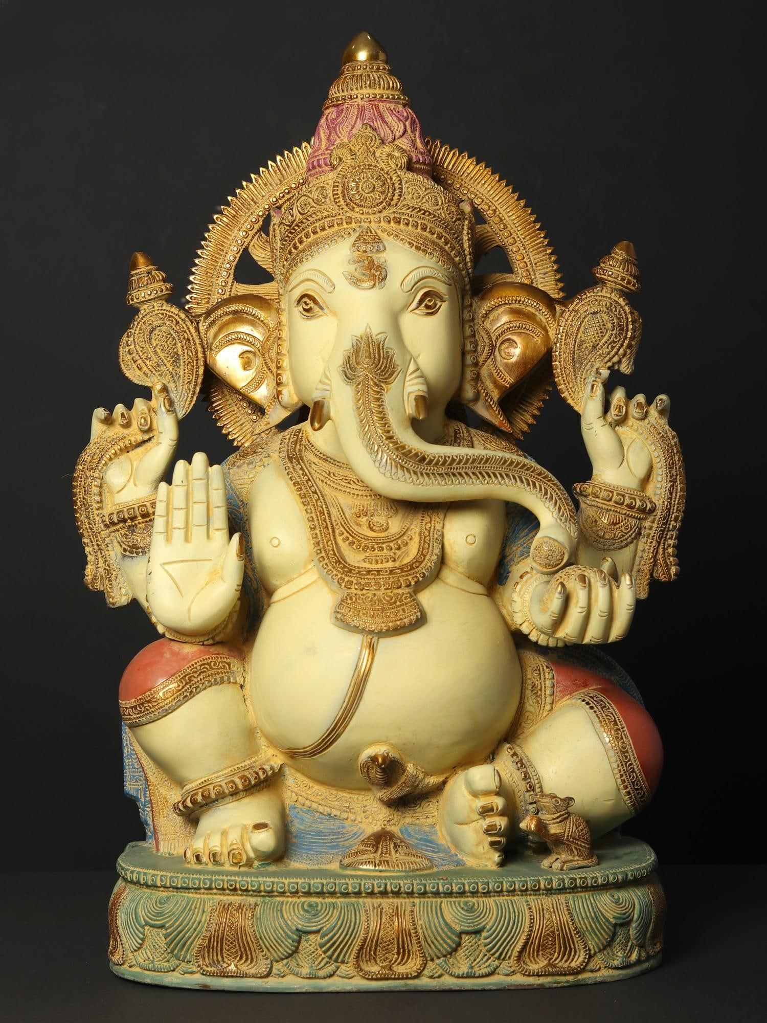 19" Colorful Blessing Lord Ganesha Idol in Brass: Title: 19" Colorful Blessing Lord Ganesha Idol in Brass Description: This Colorful Blessing of Lord Ganesha in Brass is a manifestation of the Dwija Ganapati form of Lord Ganesha. Dwija Ganapati is re