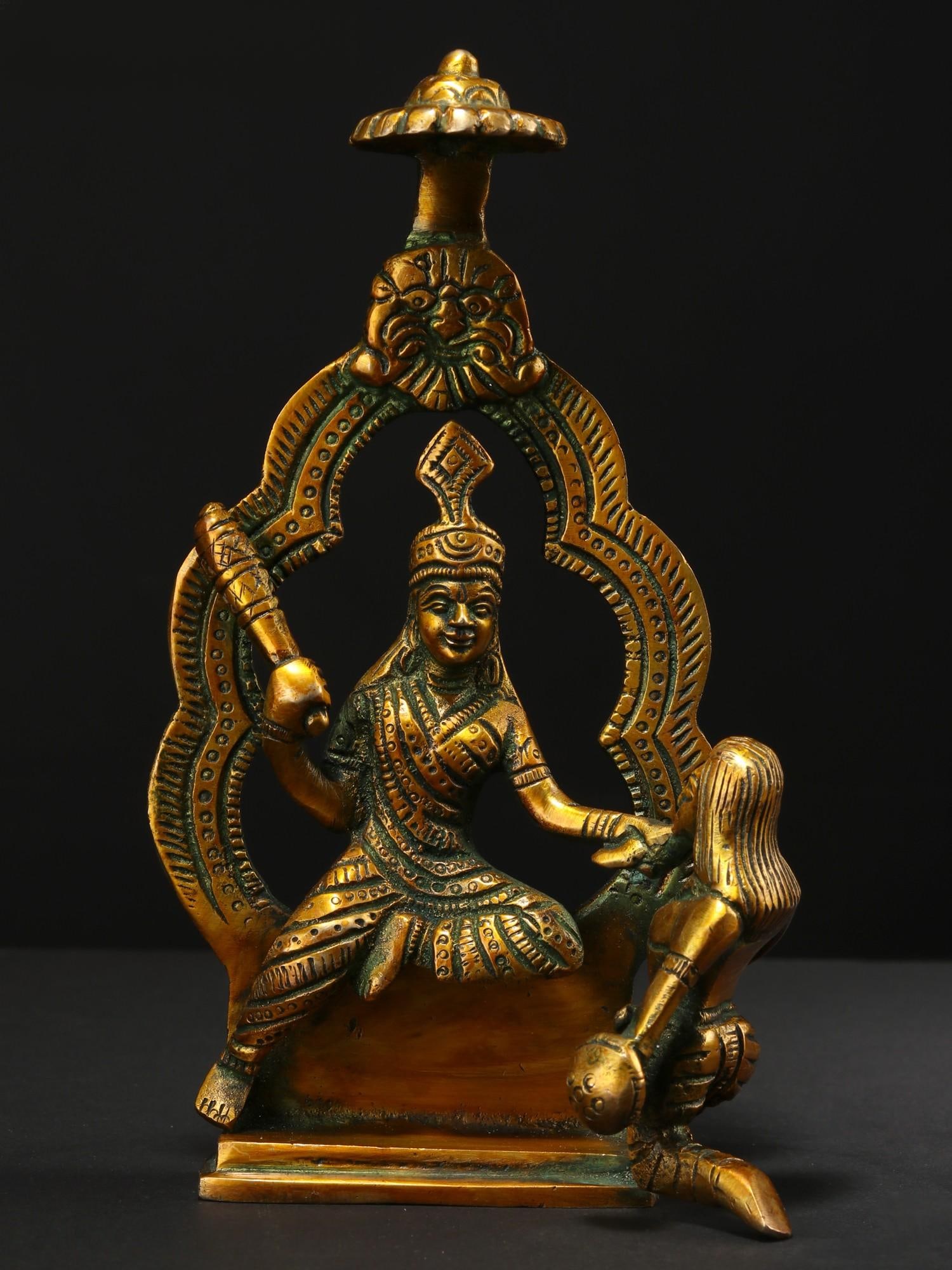 7" Mahavidya Bagalamukhi Brass Statue: Title: 7" Mahavidya Bagalamukhi Brass Statue Description: Maa Bagalamukhi is a revered deity in Hinduism, embodying the power to conquer adversities and suppress negative forces. Depicted with a