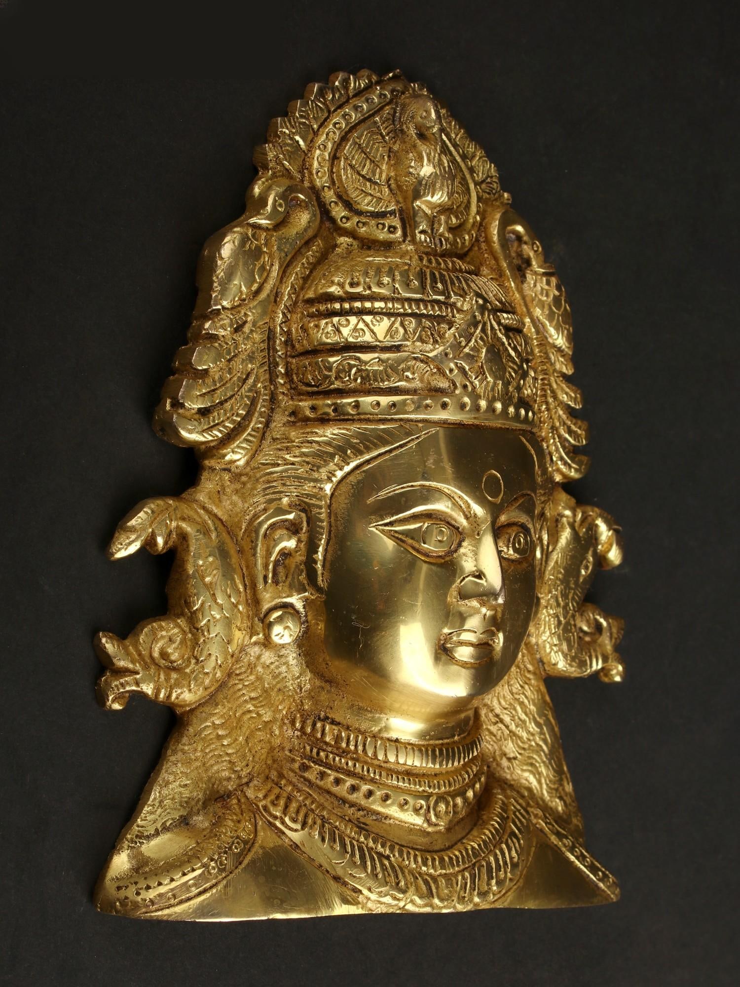 6" Brass Goddess Durga Wall Hanging Mask with Fish Shaped Earrings - 2