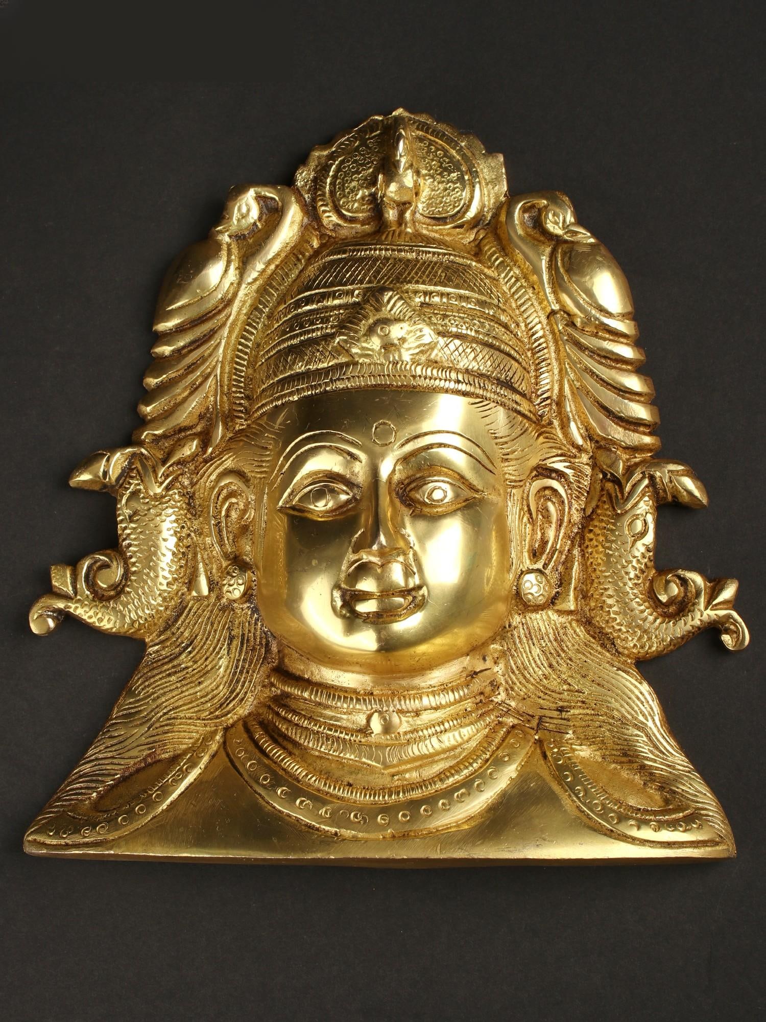 8" Brass Goddess Durga Mask with Fish Shaped Earrings | Wall Hanging: Title: 8" Brass Goddess Durga Mask with Fish Shaped Earrings | Wall Hanging Description: Additional Information: Hindu Gods & Goddesses Statues Reserve: $103.00 Shipping: Domestic: Flat-rate of $11.00