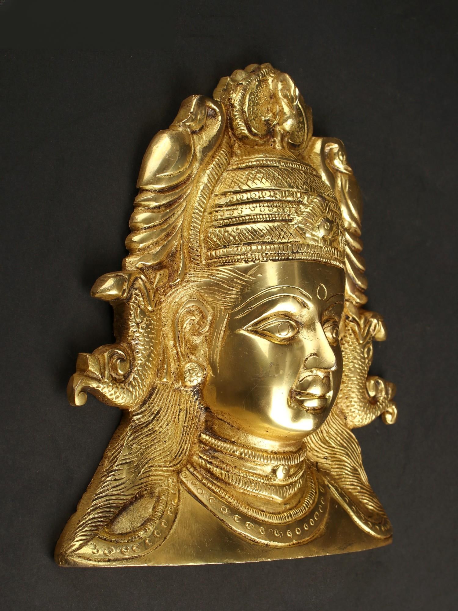 8" Brass Goddess Durga Mask with Fish Shaped Earrings | Wall Hanging - 2