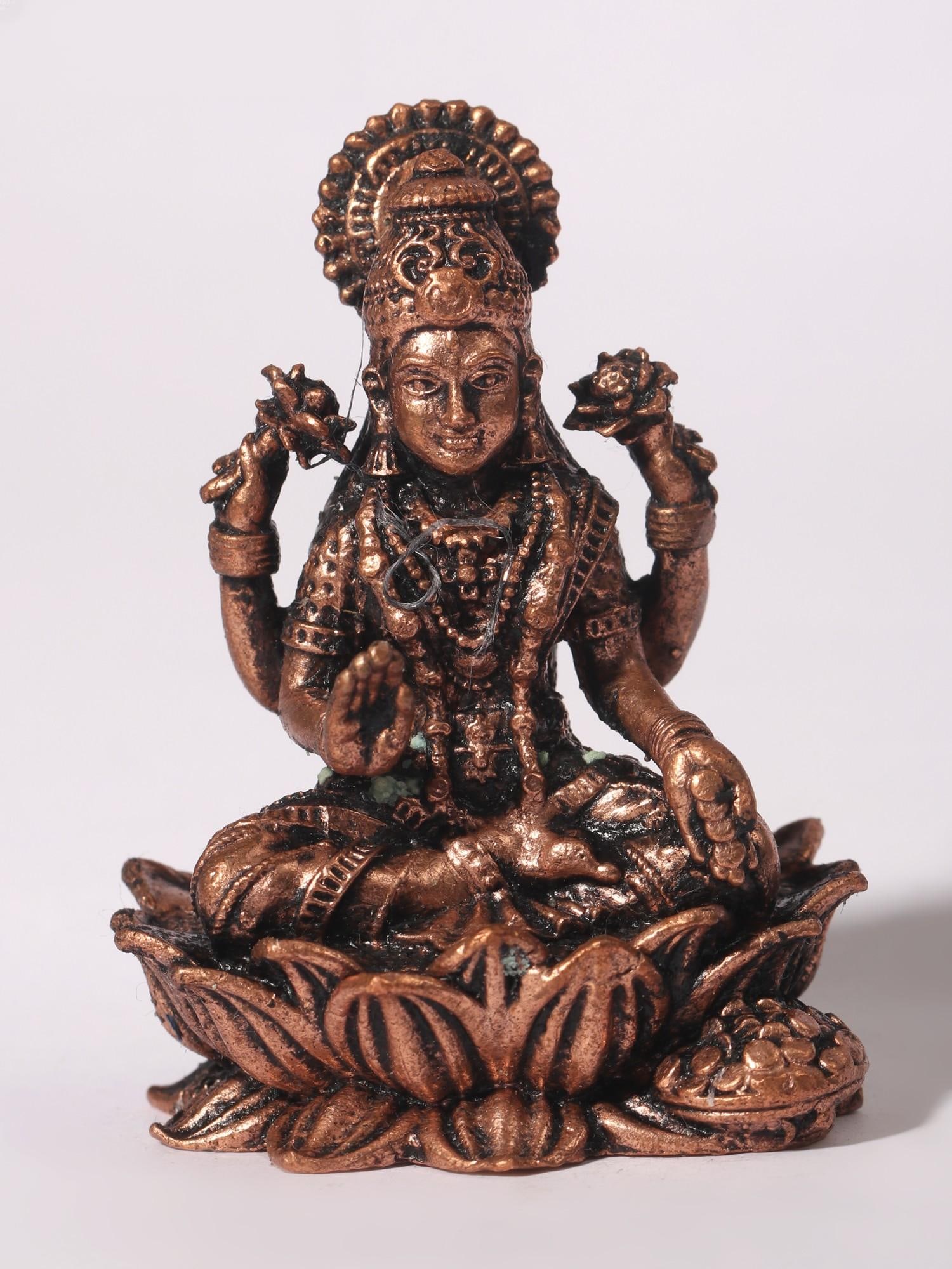 2" Small Blessing Goddess Lakshmi Idol Seated on Lotus | Copper Statue (1 of 2)
