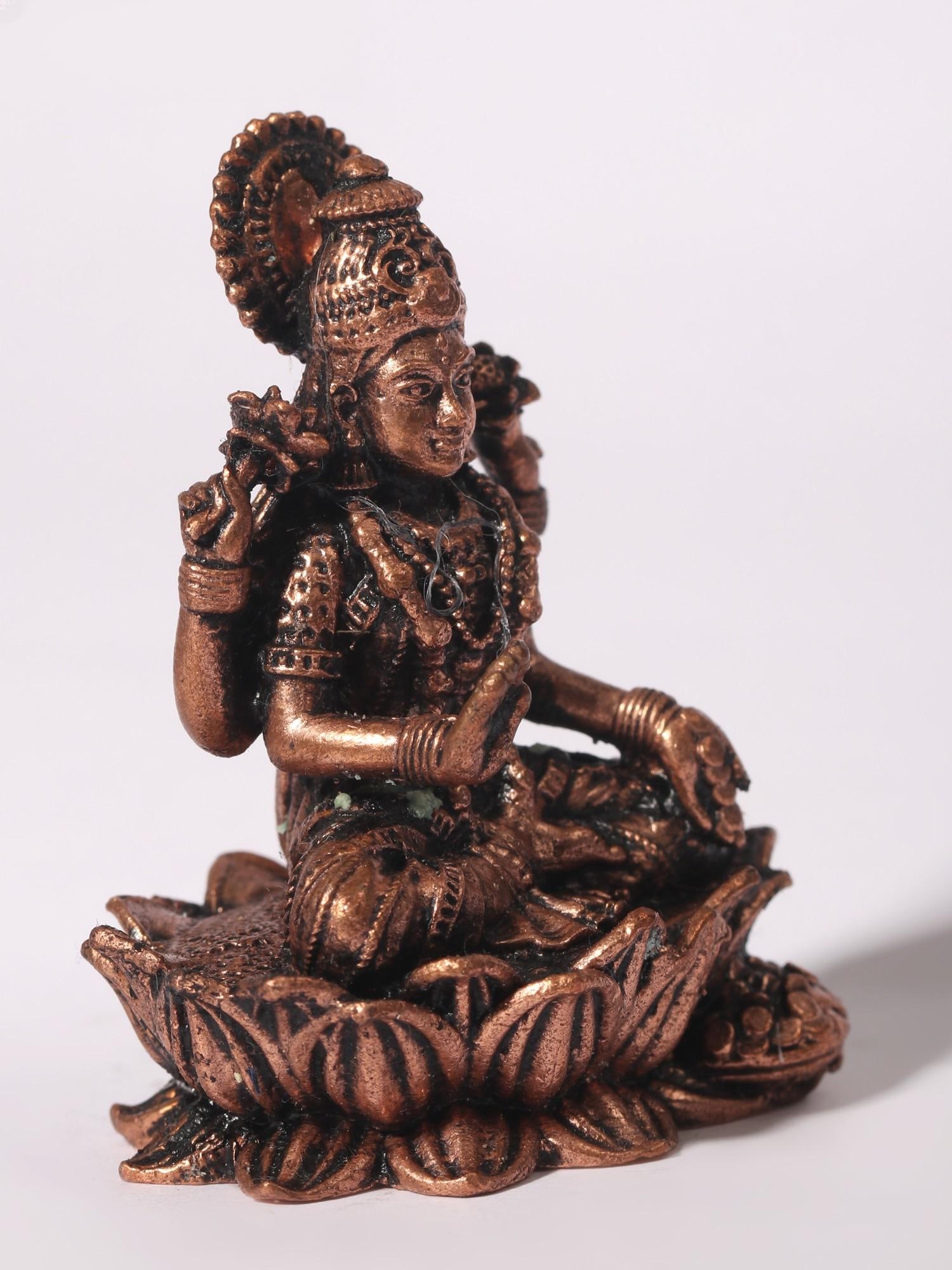 2" Small Blessing Goddess Lakshmi Idol Seated on Lotus | Copper Statue - 2