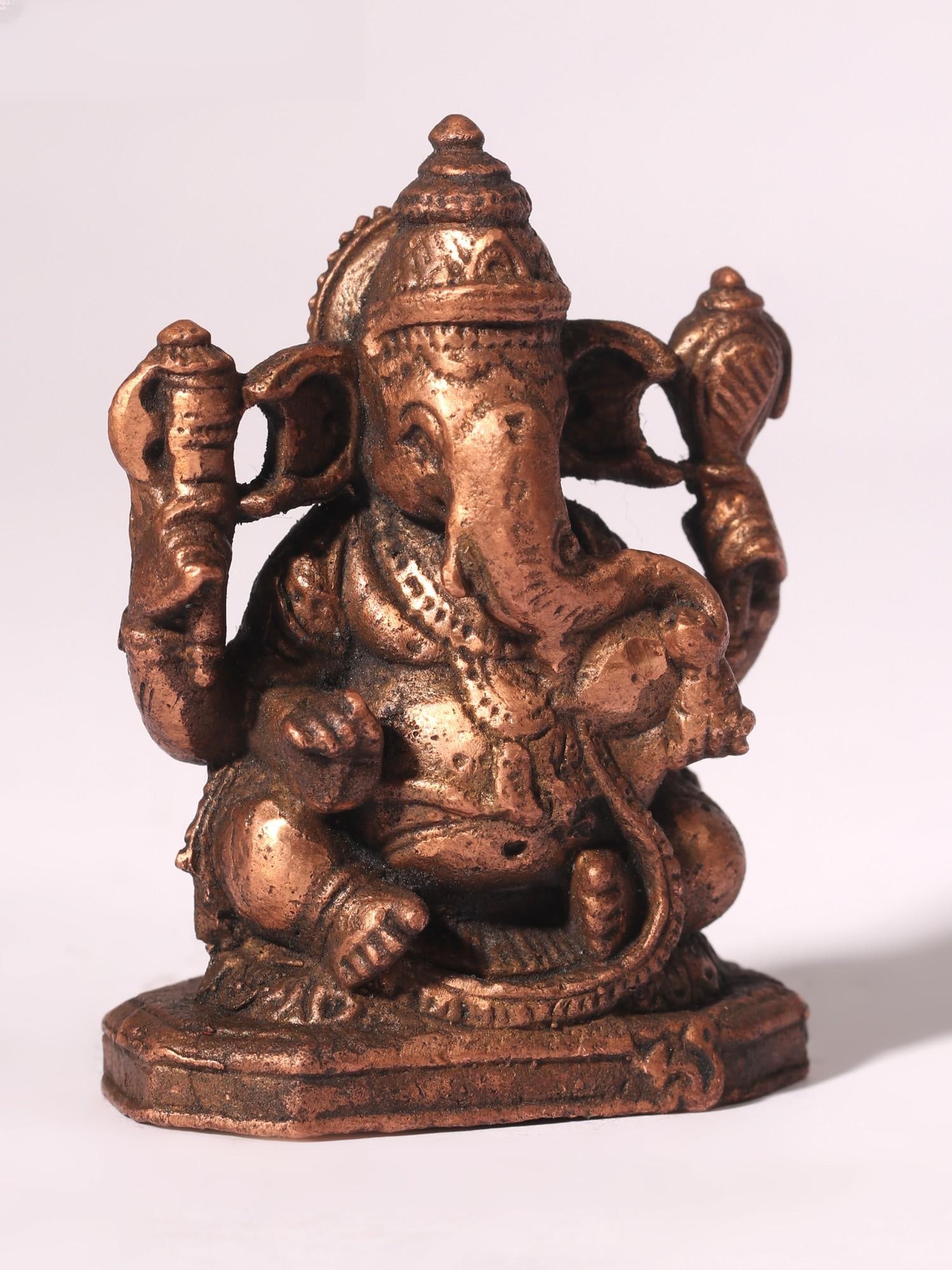 2" Small Four-Armed Lord Ganesha Copper Statue - 2
