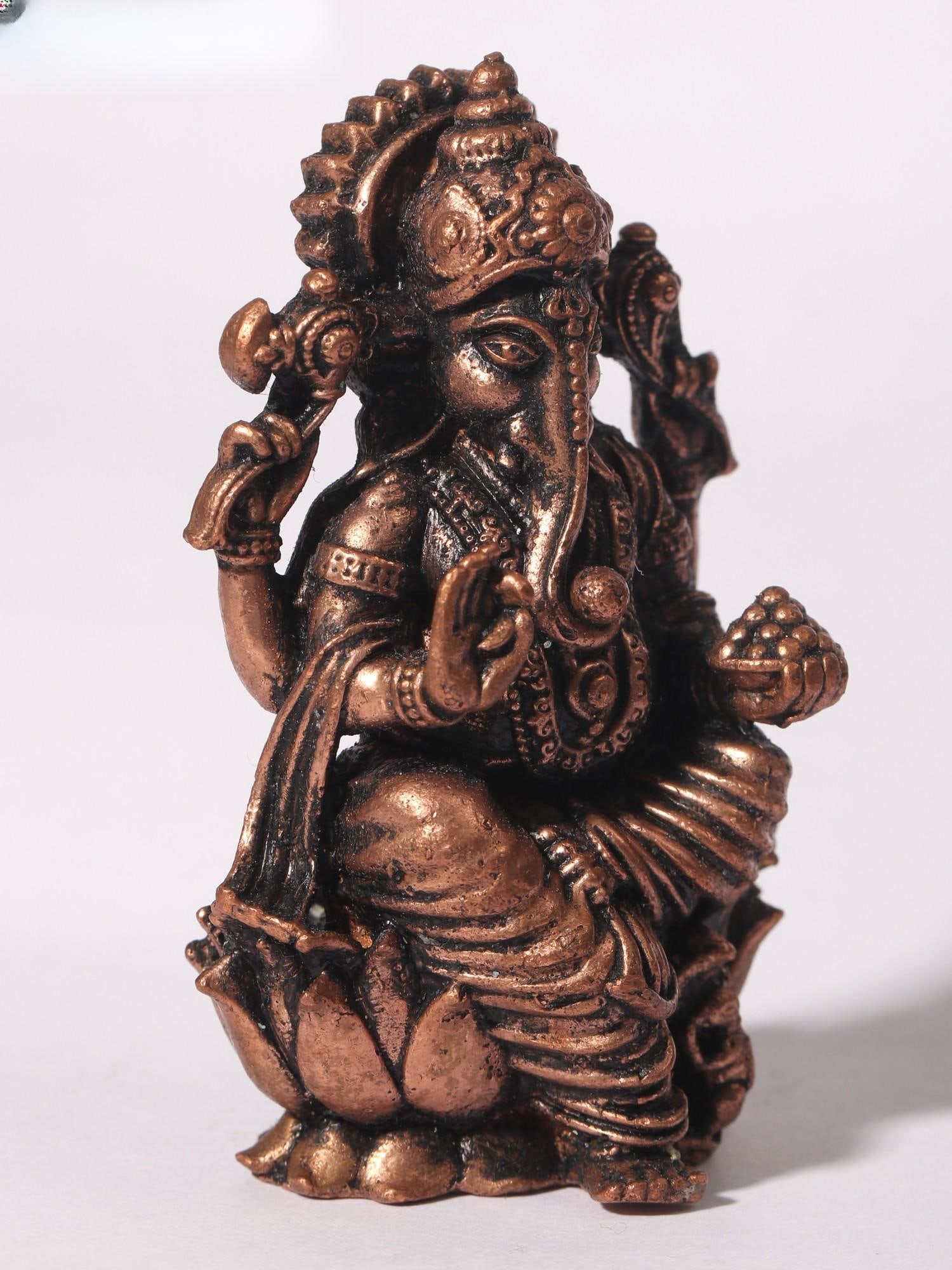 2" Small Blessing Lord Ganapati Seated on Lotus | Copper Statue - 2