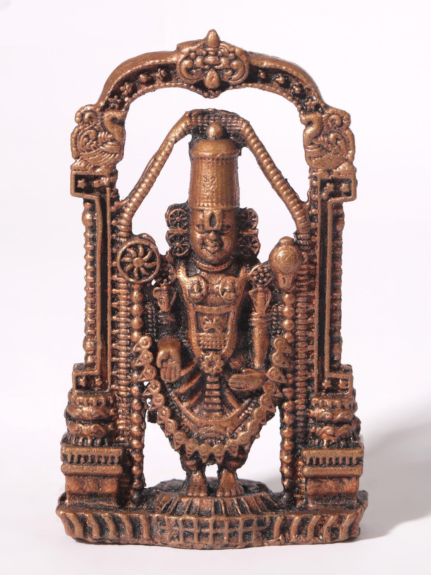3" Small Venkateshvara Copper Idol | Tirupati Balaji Statue: Title: 3" Small Venkateshvara Copper Idol | Tirupati Balaji Statue Description: Devotees can worship this Small Venkateshvara (Tirupati Balaji) Copper Statue at home to receive divine blessings and sp