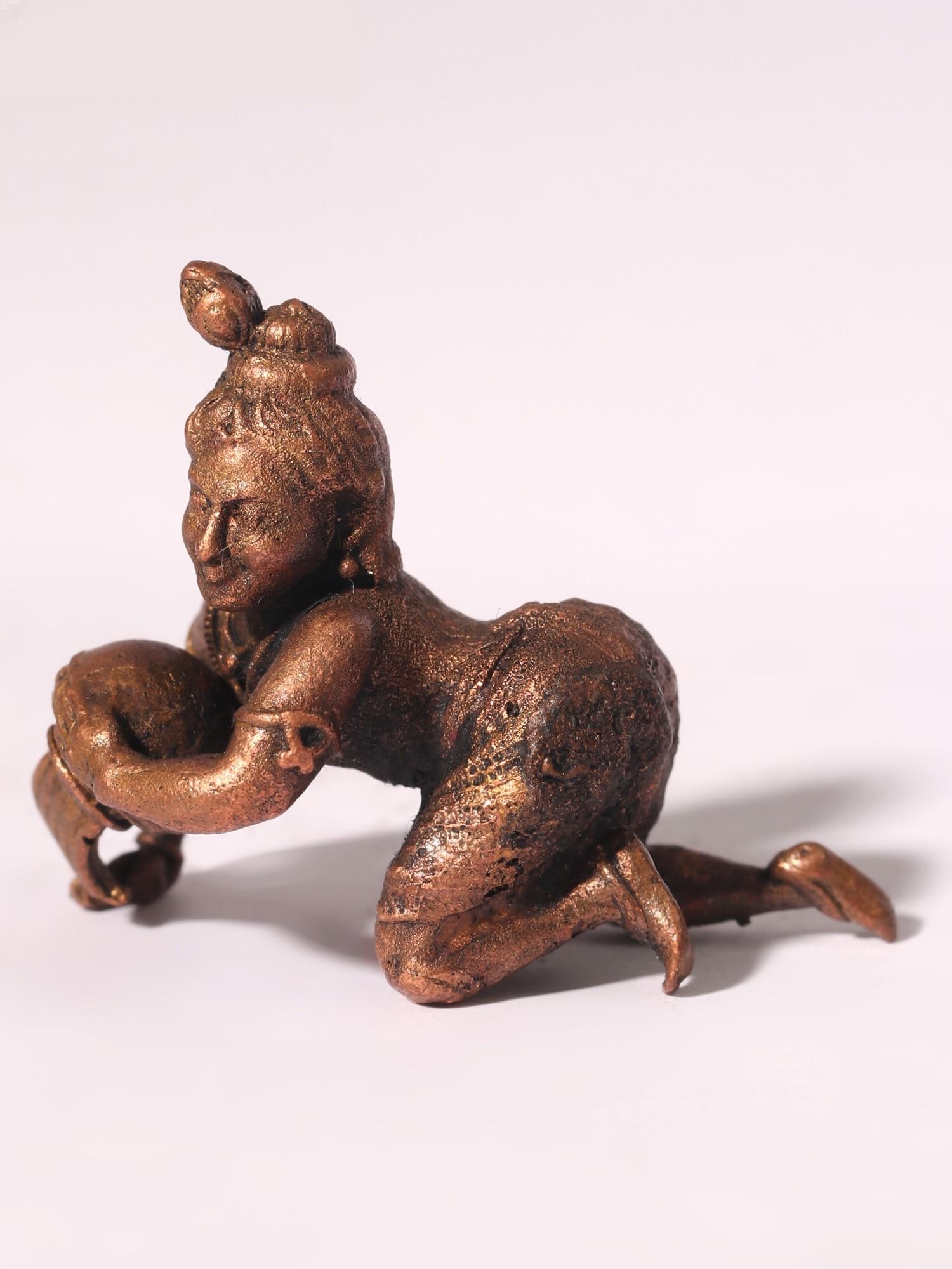 2" Small Makhan Chor Krishna Copper Statue - 2