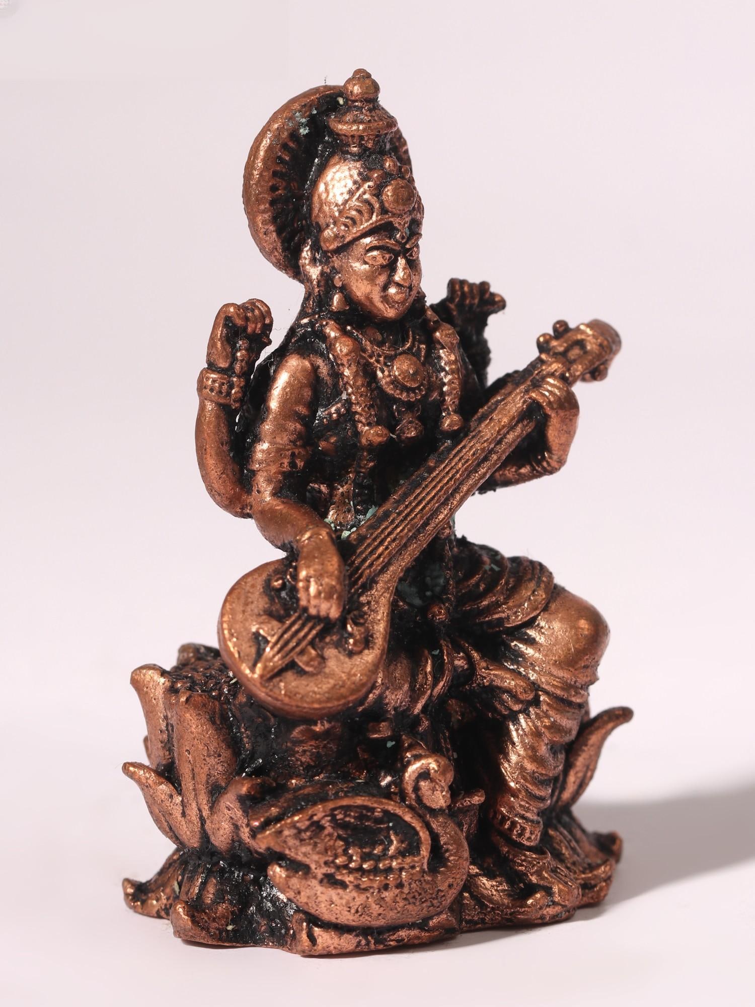2" Four-Armed Goddess Saraswati Idol Seated on Lotus | Copper Statue - 2