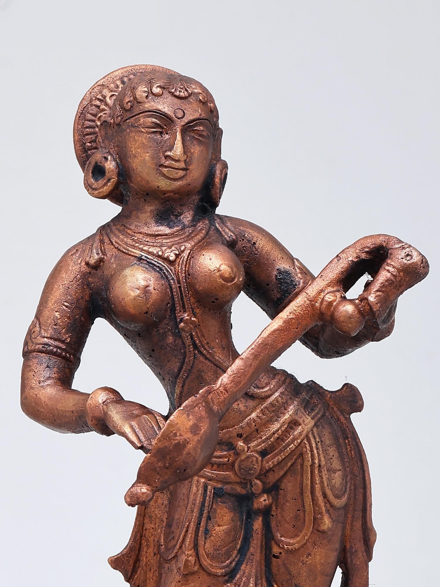 6" Small Copper Statue of Apsara Playing Musical Instrument - 2