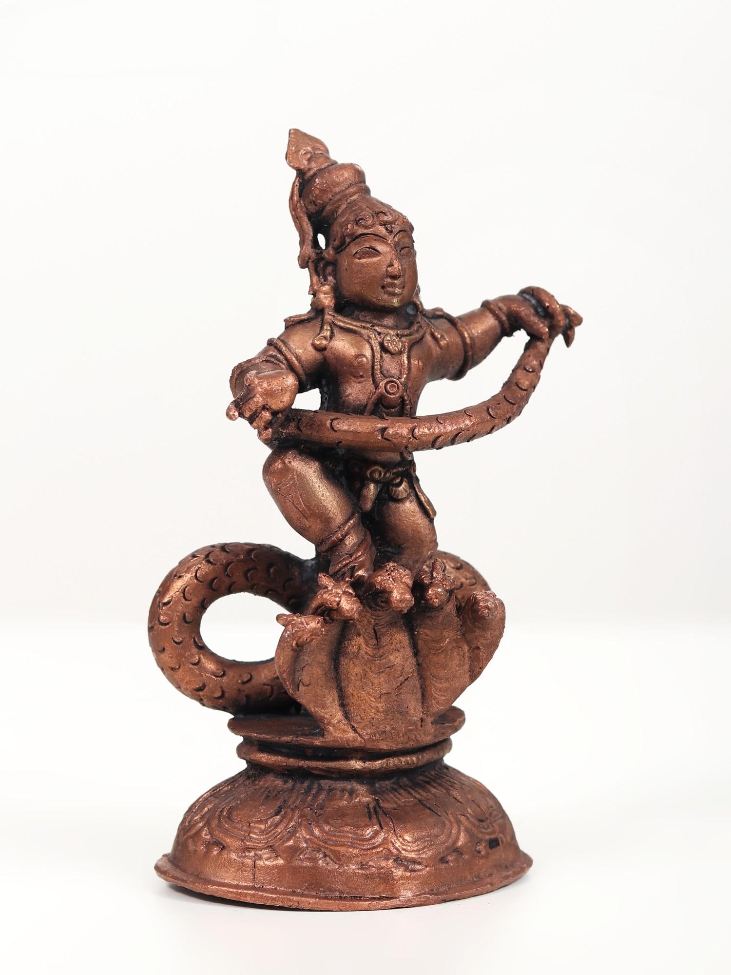6" Small Kaliya Mardan Krishna | Copper Statue - 2