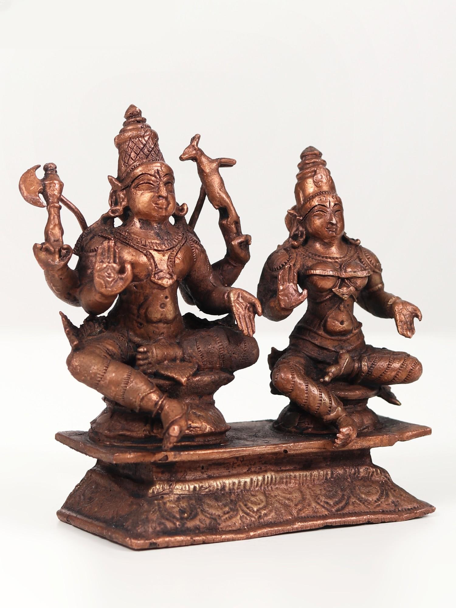 4" Shiva Parvati Copper Statue Seated Together - 2