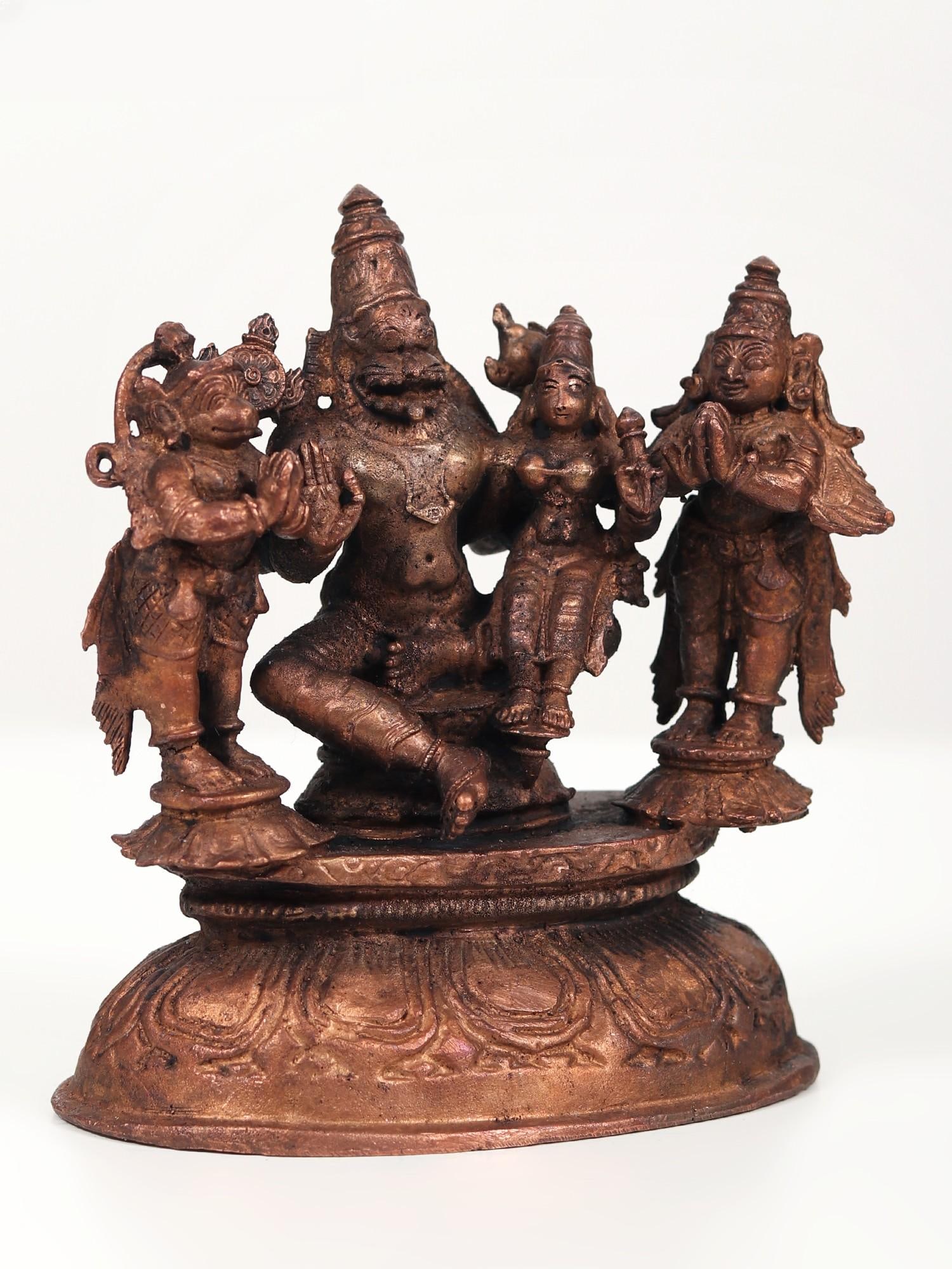 5" Small Lakshmi - Narasimha Idol with Garuda and Hanuman | Copper Statue - 2
