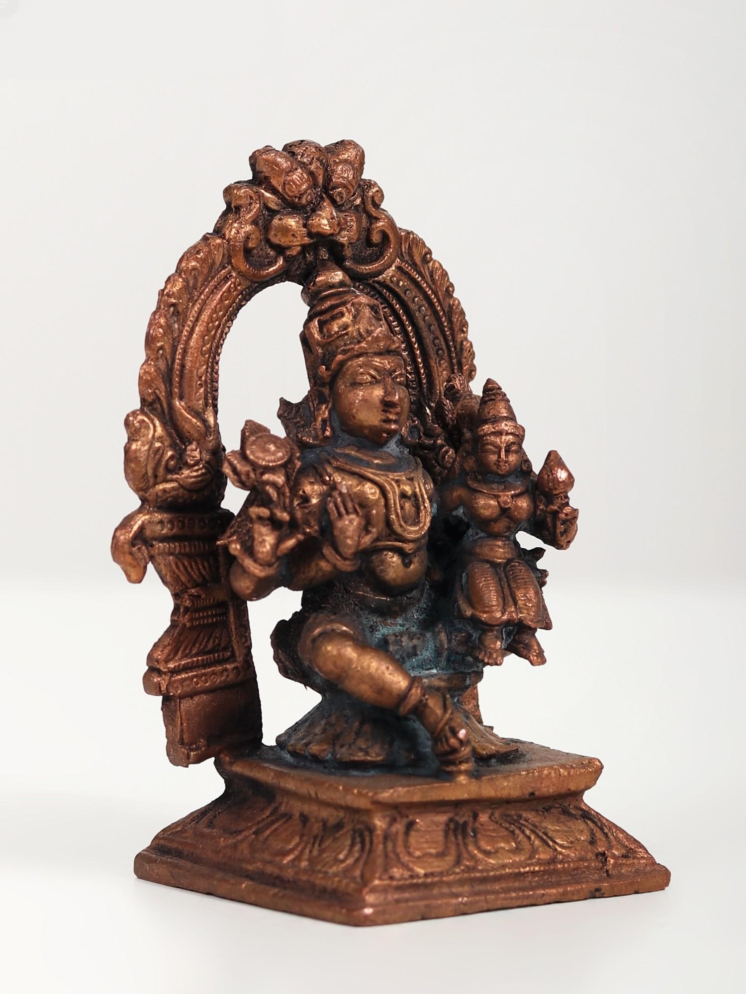 4" Small Lord Vishnu with Devi Lakshmi Seated on Kirtimukha Throne | Copper Statue - 2