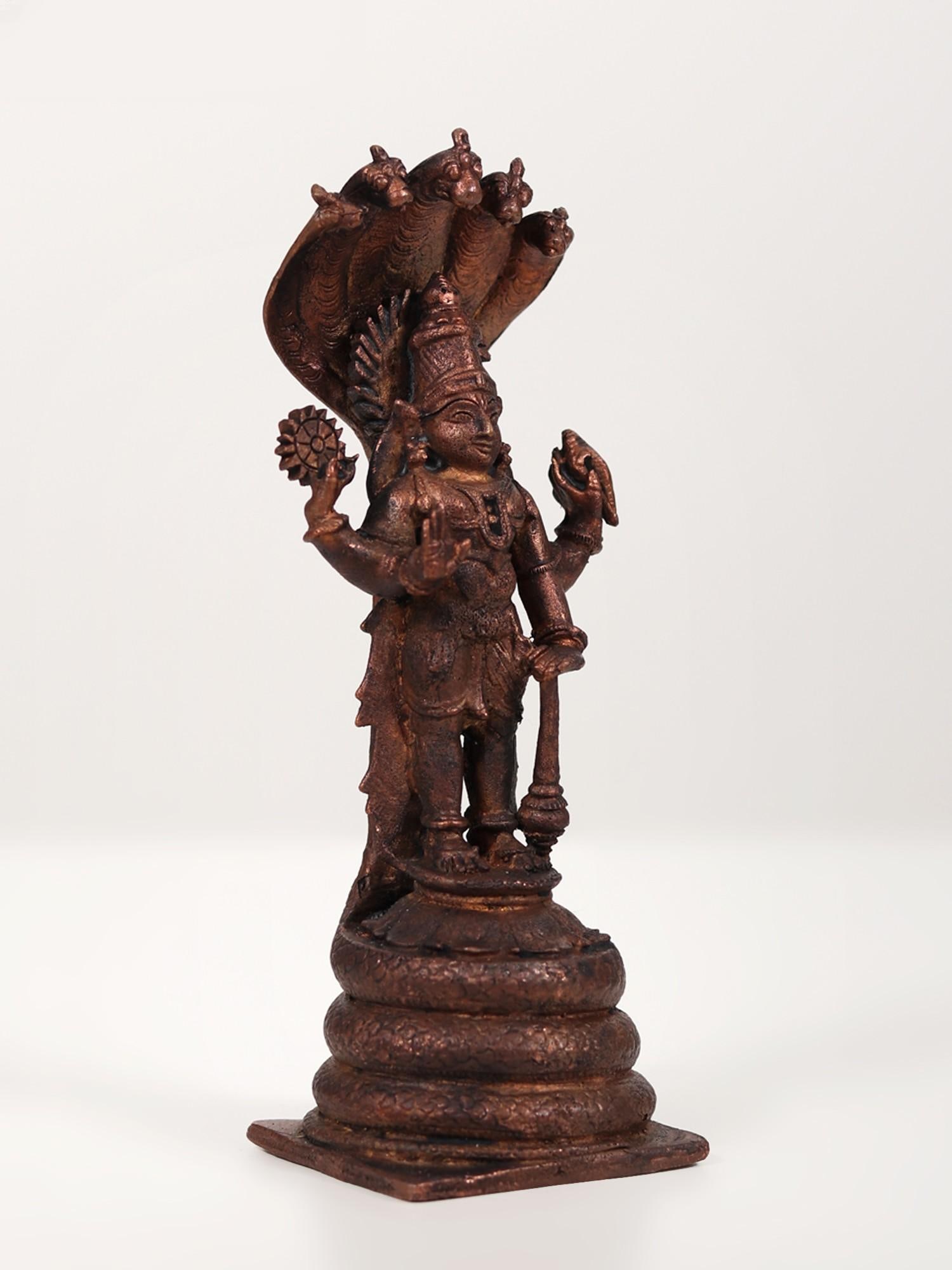 6" Small Lord Vishnu Idol Standing on Sheshnag | Copper Statue - 2