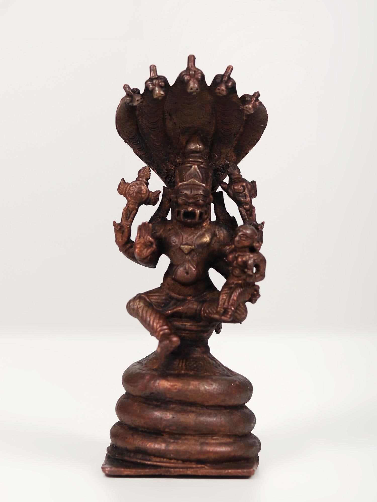 5" Copper Statue of Lakshmi Narasimha Seated on Sheshnag (1 of 2)
