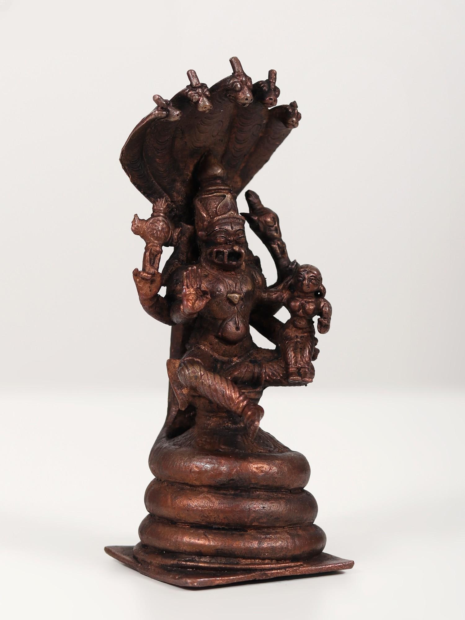 5" Copper Statue of Lakshmi Narasimha Seated on Sheshnag - 2
