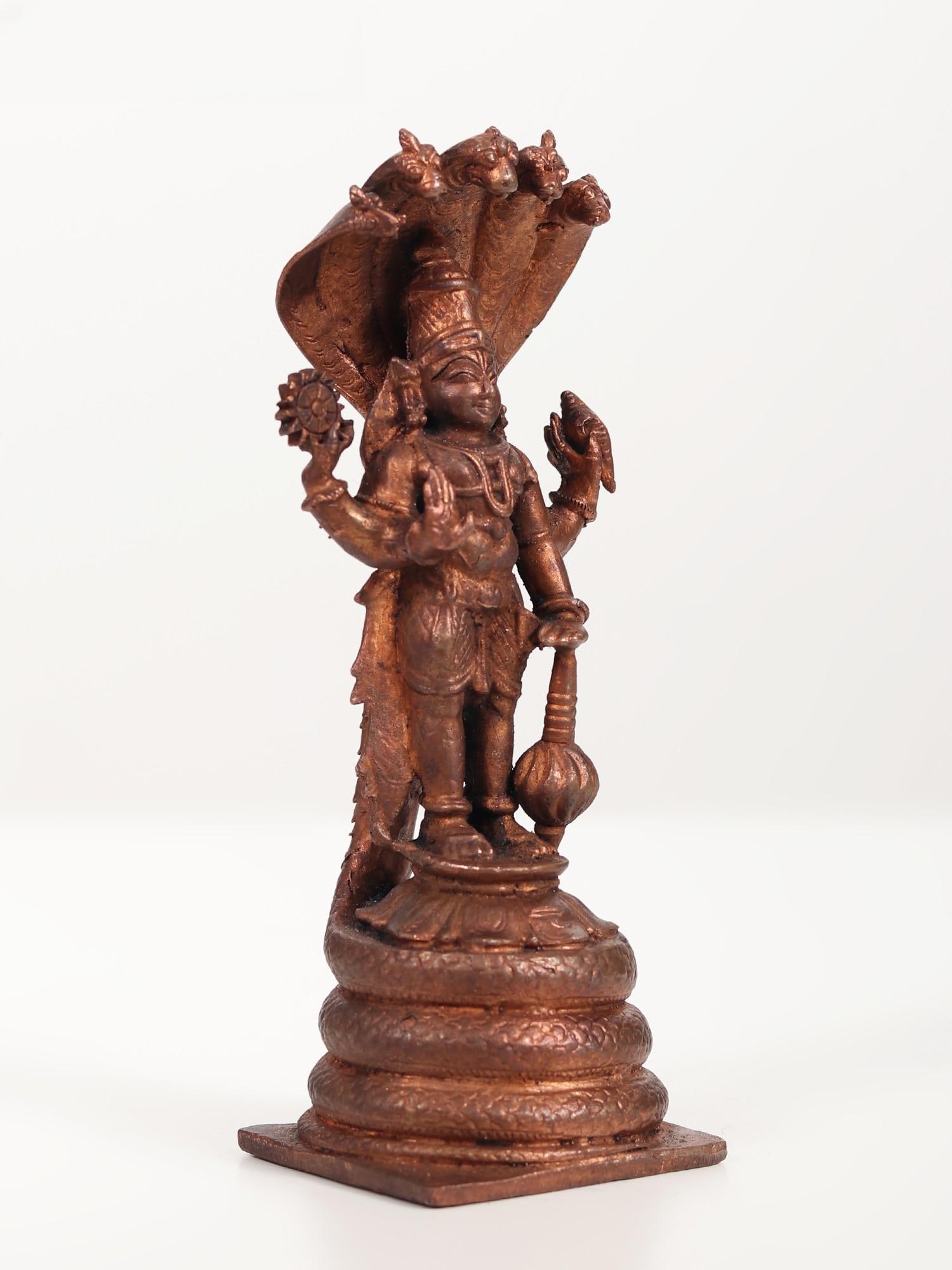 6" Small Blessing Lord Vishnu Idol Standing on Sheshnag | Copper Statue - 2