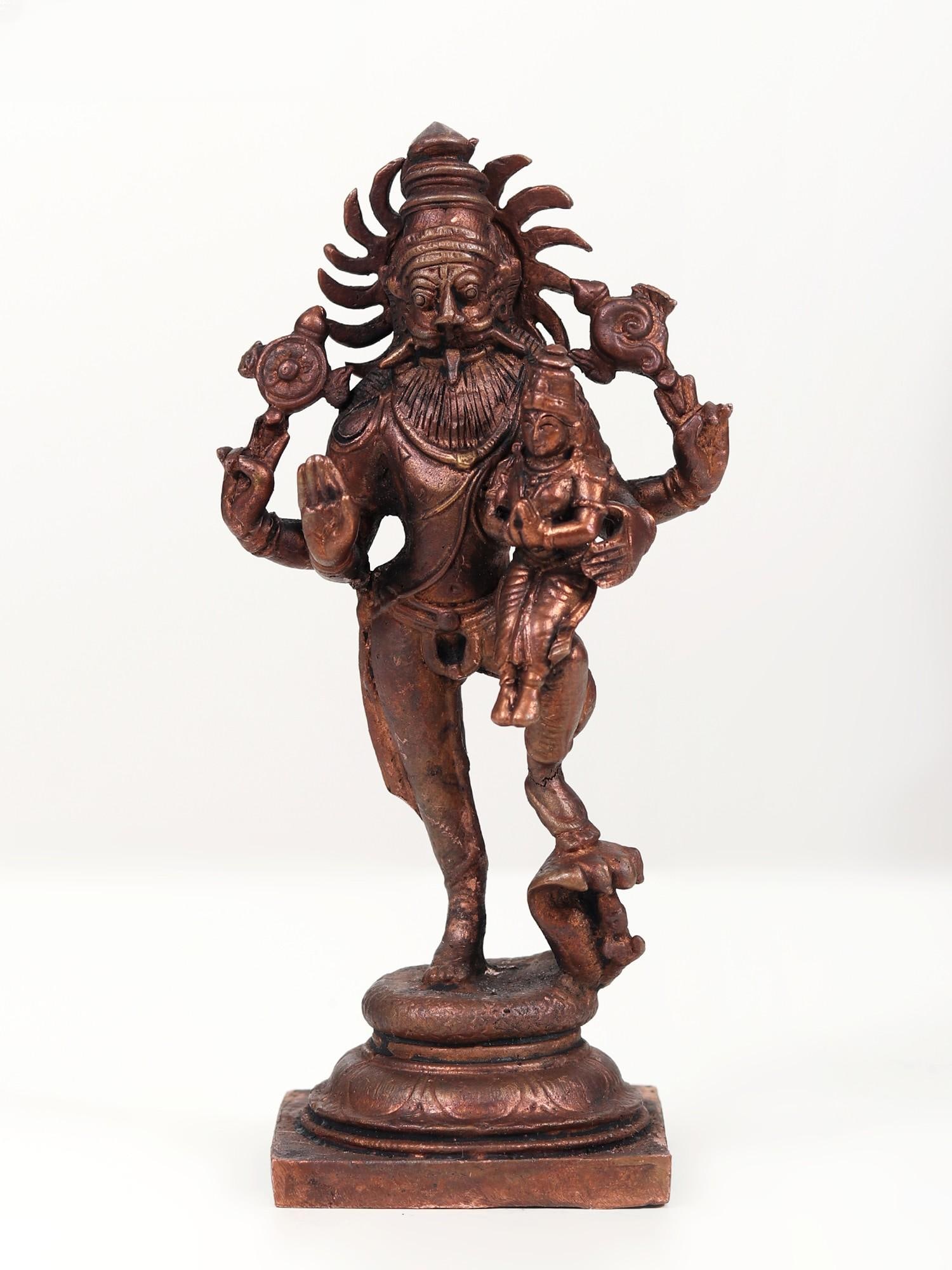 7" Standing Lord Narasimha Idol with Devi Lakshmi | Copper Statue (1 of 2)