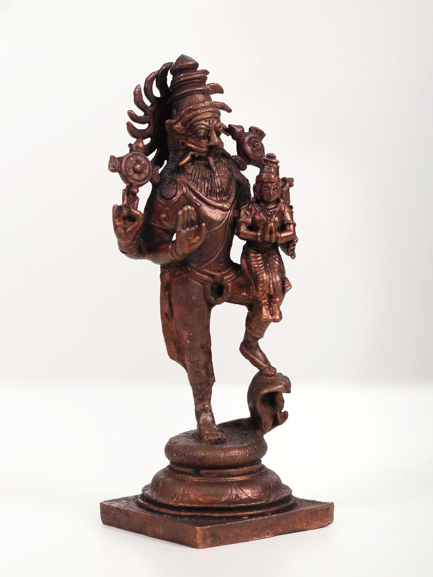 7" Standing Lord Narasimha Idol with Devi Lakshmi | Copper Statue - 2