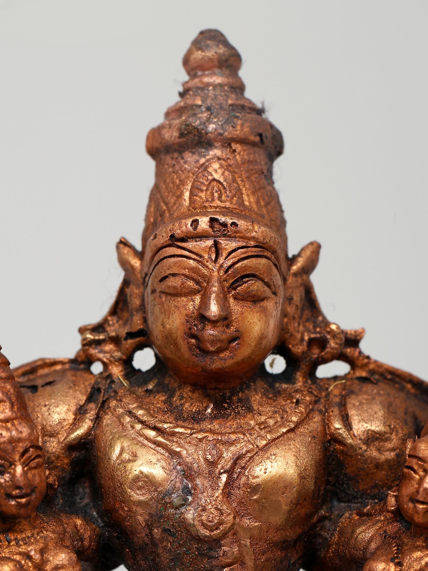 4" Small Lord Vishnu with His Consorts Sridevi and Bhudevi | Copper Statue - 2