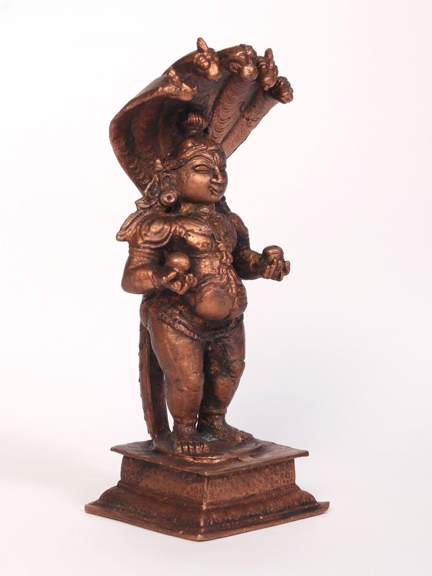 5" Standing Lord Krishna Idol with Protecting Sheshnag | Copper Statue - 2