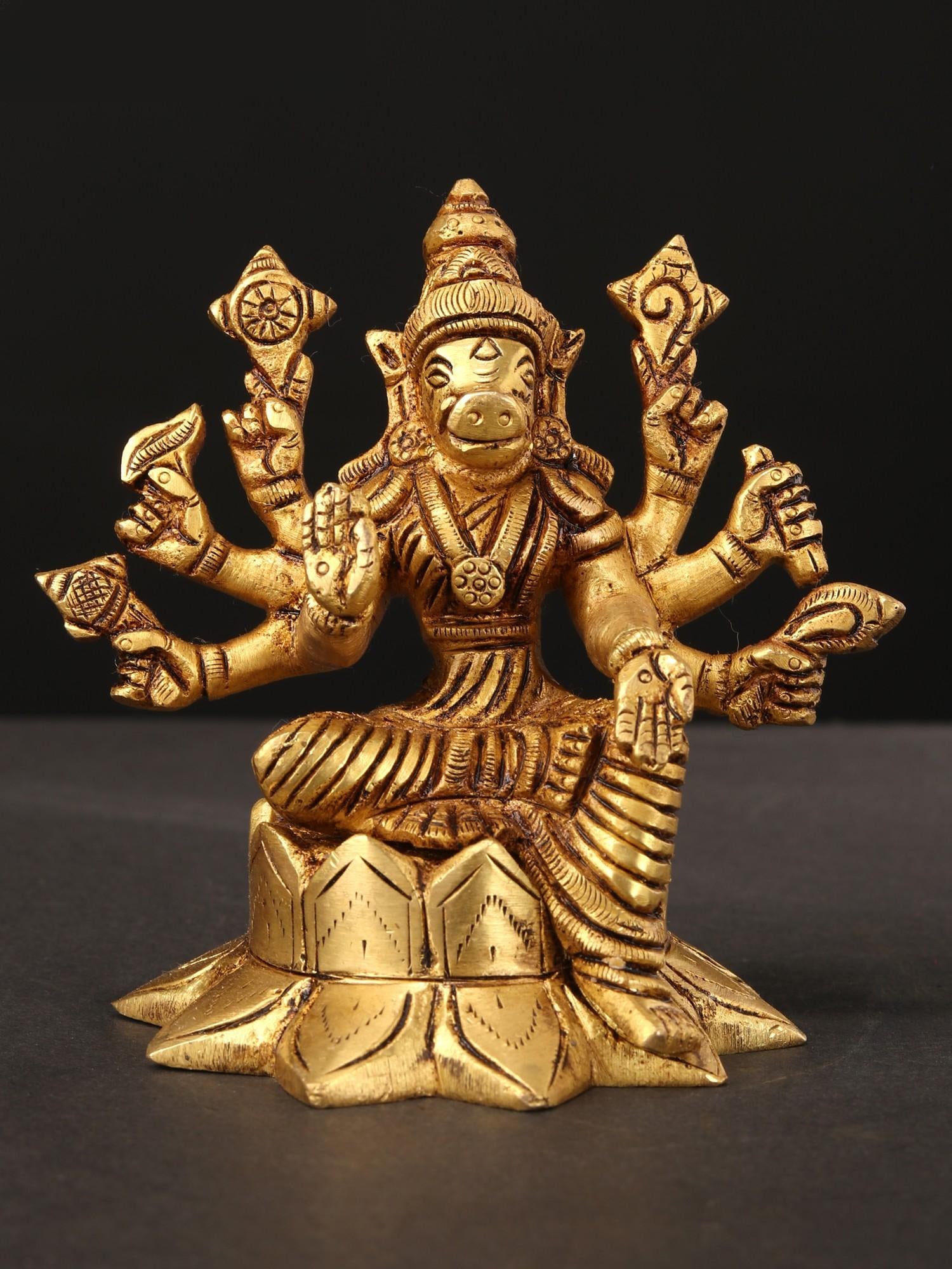 4" Small Eight-Armed Goddess Varahi Brass Statue: Title: 4" Small Eight-Armed Goddess Varahi Brass Statue Description: This Small Eight-Armed Goddess Varahi Brass Statue is a divine embodiment of strength and protection. With eight arms, she graceful
