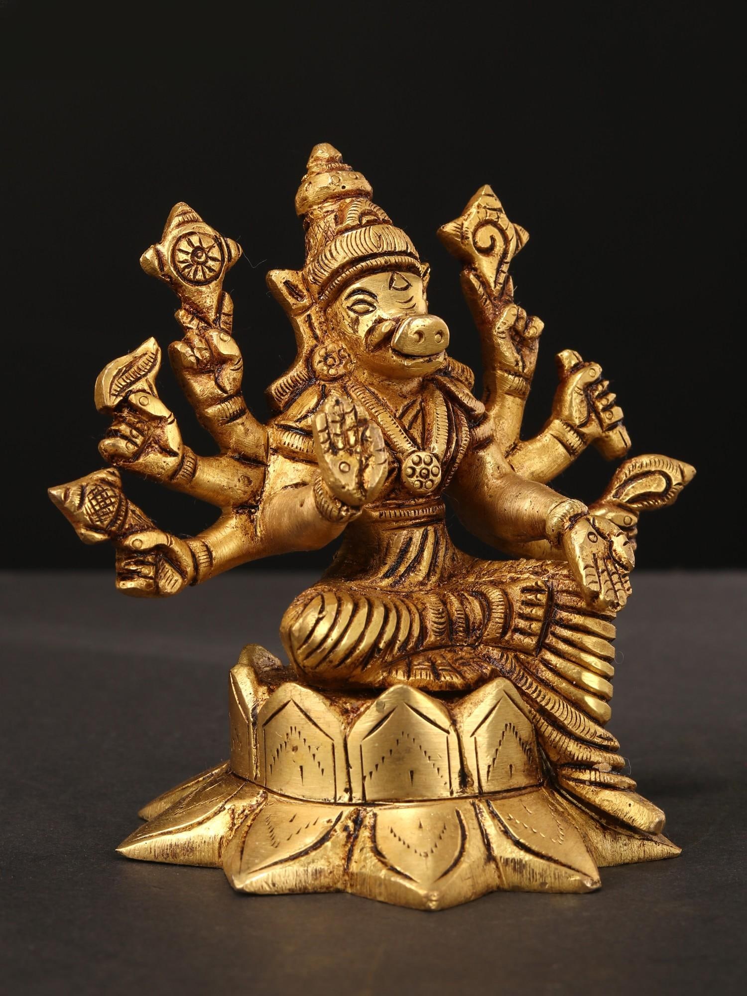 4" Small Eight-Armed Goddess Varahi Brass Statue - 2