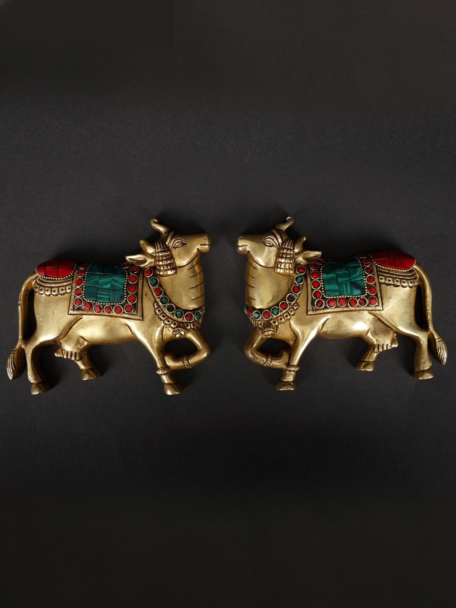 5" Small Pair of Kamadhenu Cow in Brass with Inlay Work | Wall Decor: Title: 5" Small Pair of Kamadhenu Cow in Brass with Inlay Work | Wall Decor Description: Transform your living space into a realm of divine beauty with this pair of Kamadhenu wall decor. In Hindu