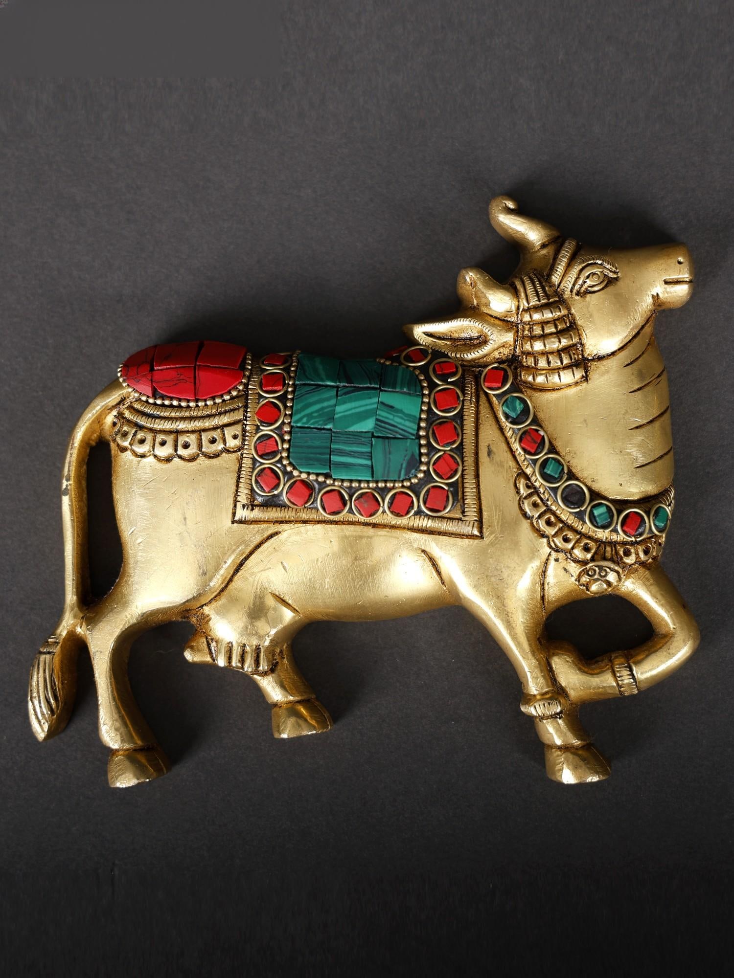 5" Small Pair of Kamadhenu Cow in Brass with Inlay Work | Wall Decor - 2