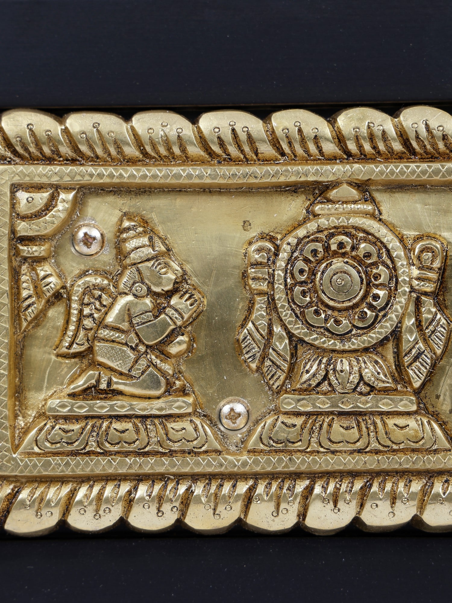 14" Brass Vaishnava Symbols with Garuda and Hanuman | Wood Framed | Wall Hanging - 2