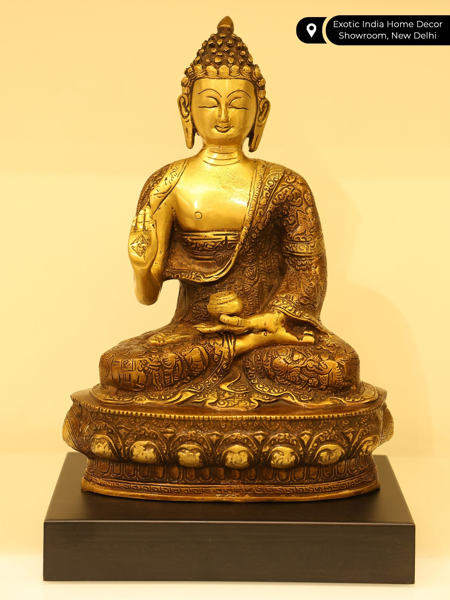 14" Blessing Buddha with Fully Carved Robe | Brass Statue on Wood Base - 2
