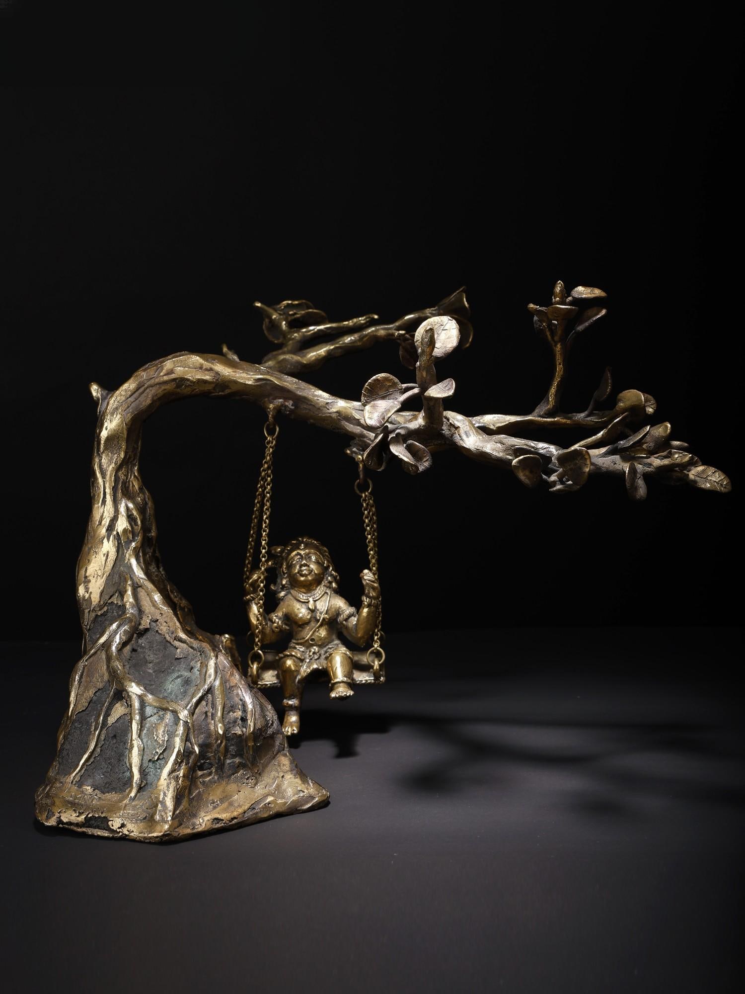 12" Bal Krishna Idol on Swing | Brass and Stone Sculpture (1 of 2)