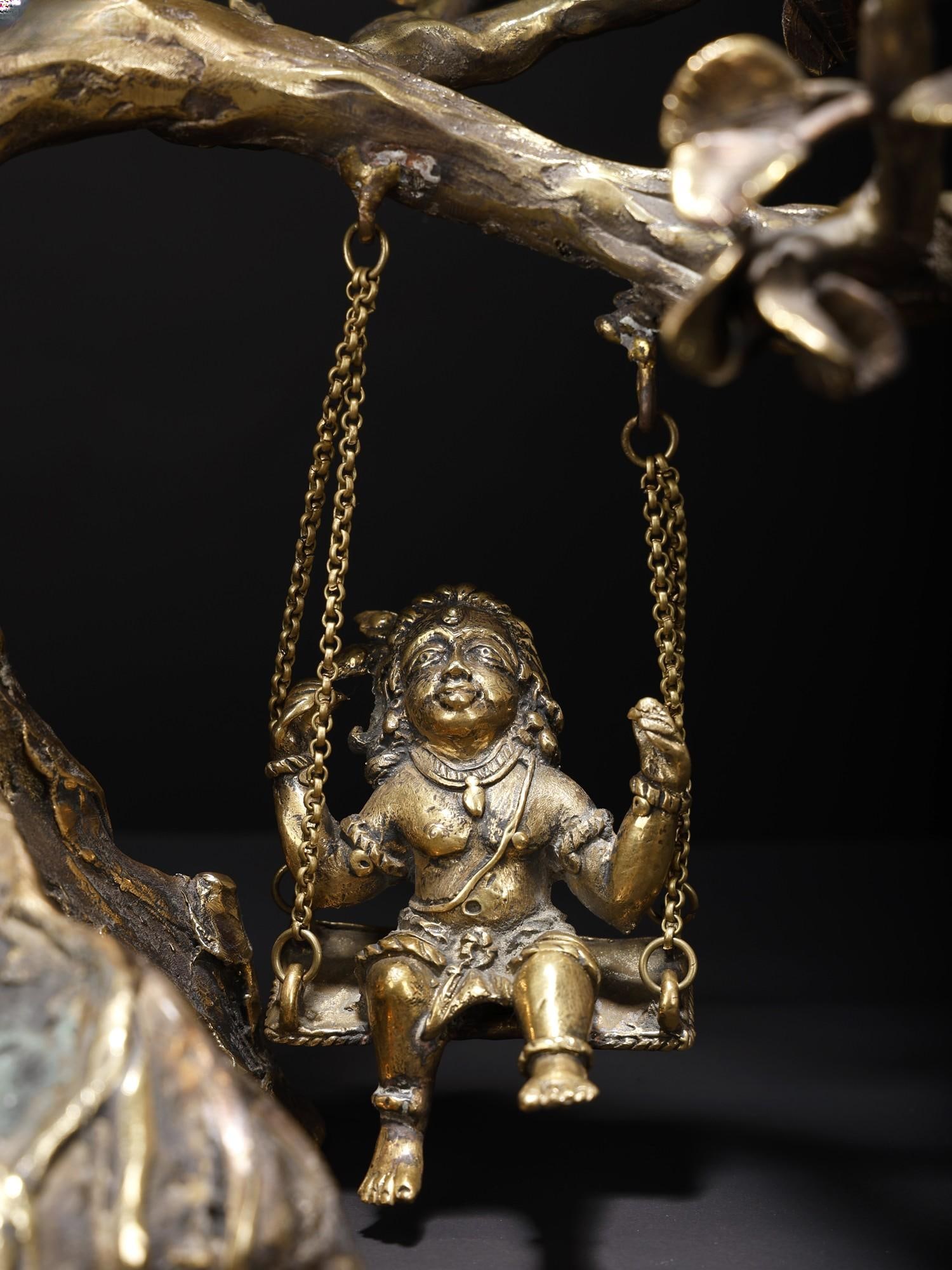12" Bal Krishna Idol on Swing | Brass and Stone Sculpture - 2