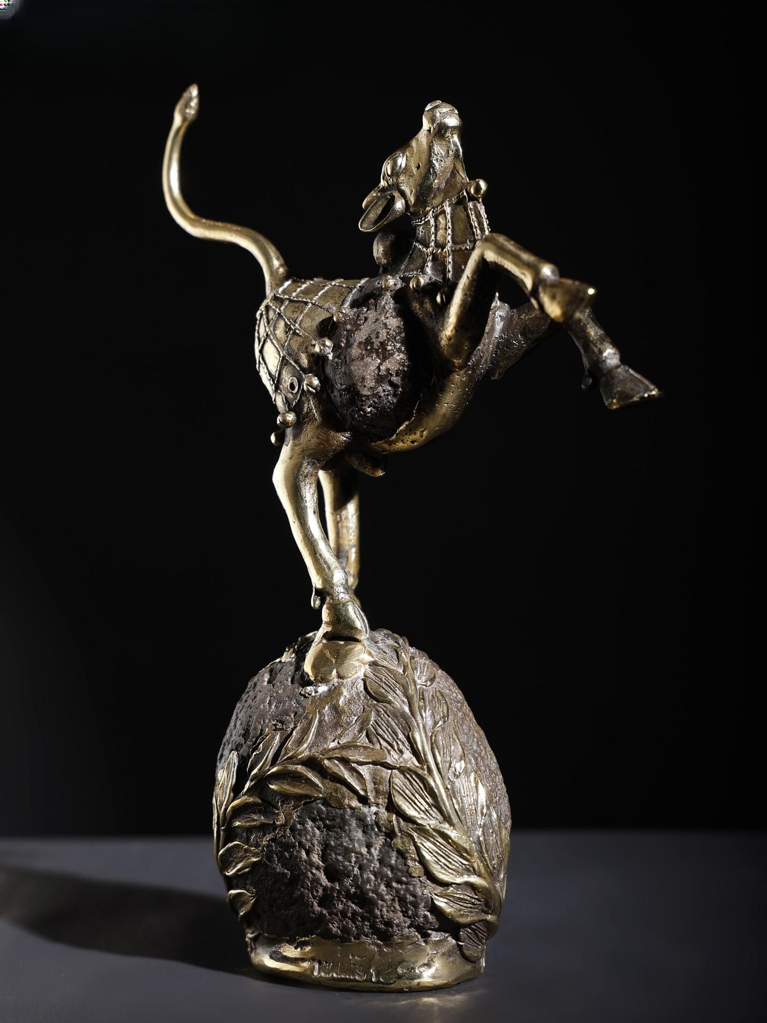 9" Nandi Dancing on The Globe | Brass and Stone Sculpture - 2