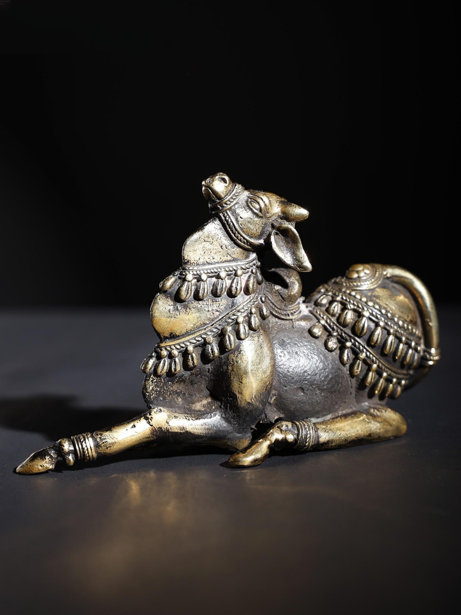 5" Small Decorated Nandi Brass and Stone Idol (1 of 2)