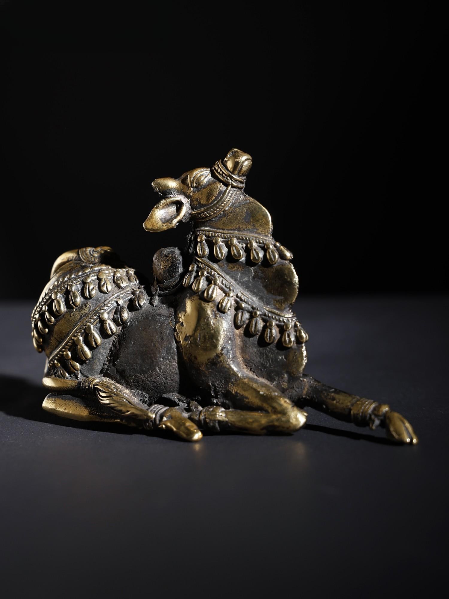 5" Small Decorated Nandi Brass and Stone Idol - 2