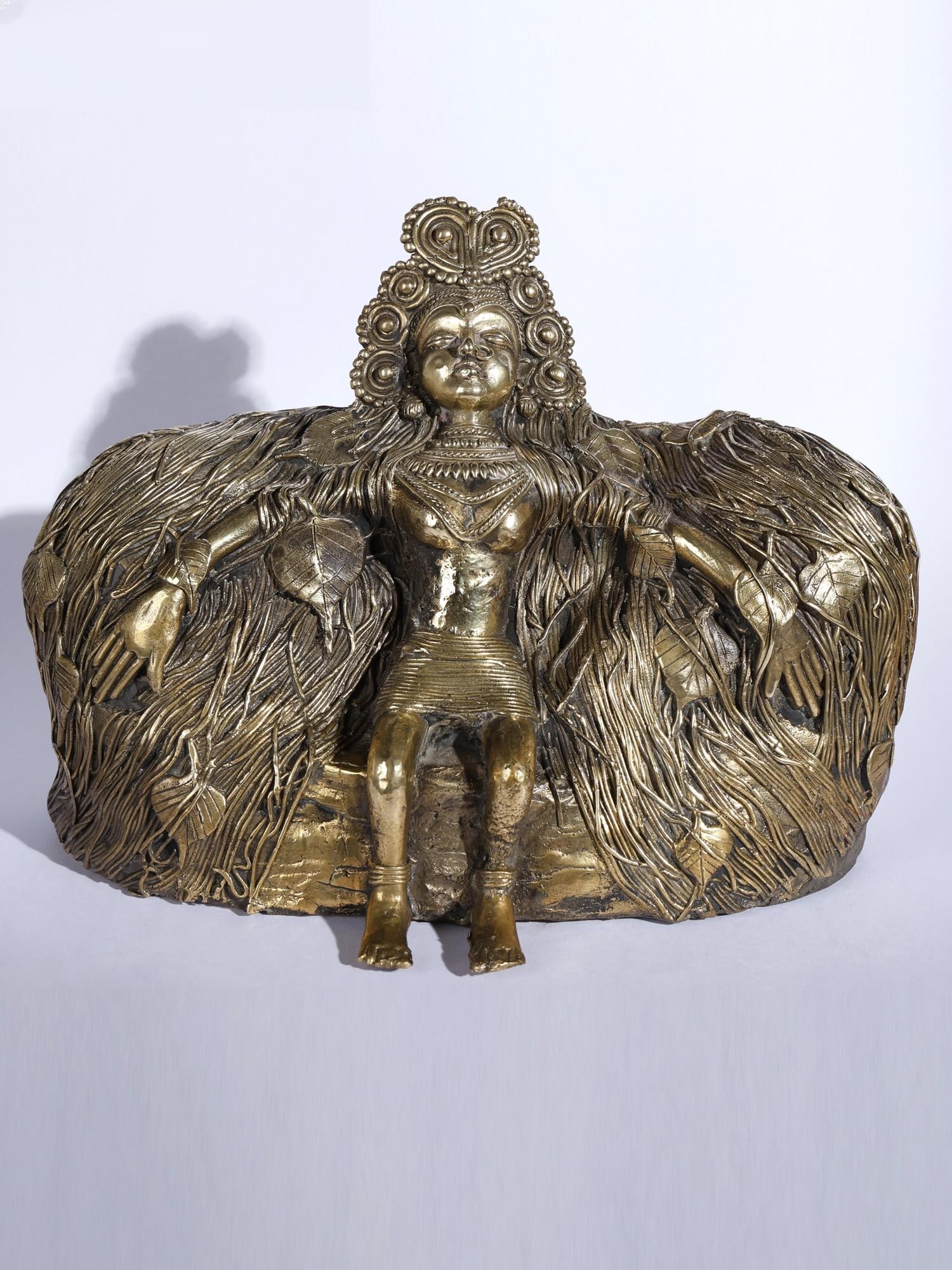 10" Dharti Mata (Mother Earth) Brass and Stone Sculpture: Title: 10" Dharti Mata (Mother Earth) Brass and Stone Sculpture Description: This Brass and Stone sculpture showcases the image of Dharti Mata (Mother Earth) in exquisite Dhokra craftsmanship, renderi