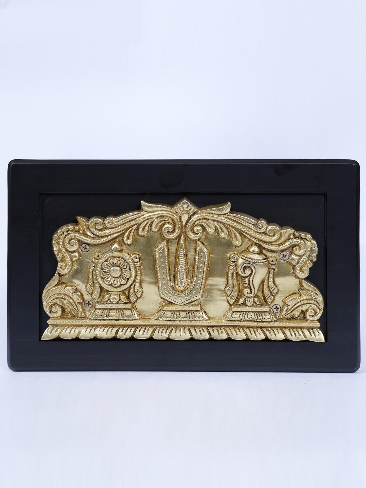 12" Wood Framed Vaishnava Symbols in Brass | Wall Hanging: Title: 12" Wood Framed Vaishnava Symbols in Brass | Wall Hanging Description: These Wood Framed Vaishnava Symbols in Brass immortalize the sacred symbols of Shanka (conch), Chakra (discus), and