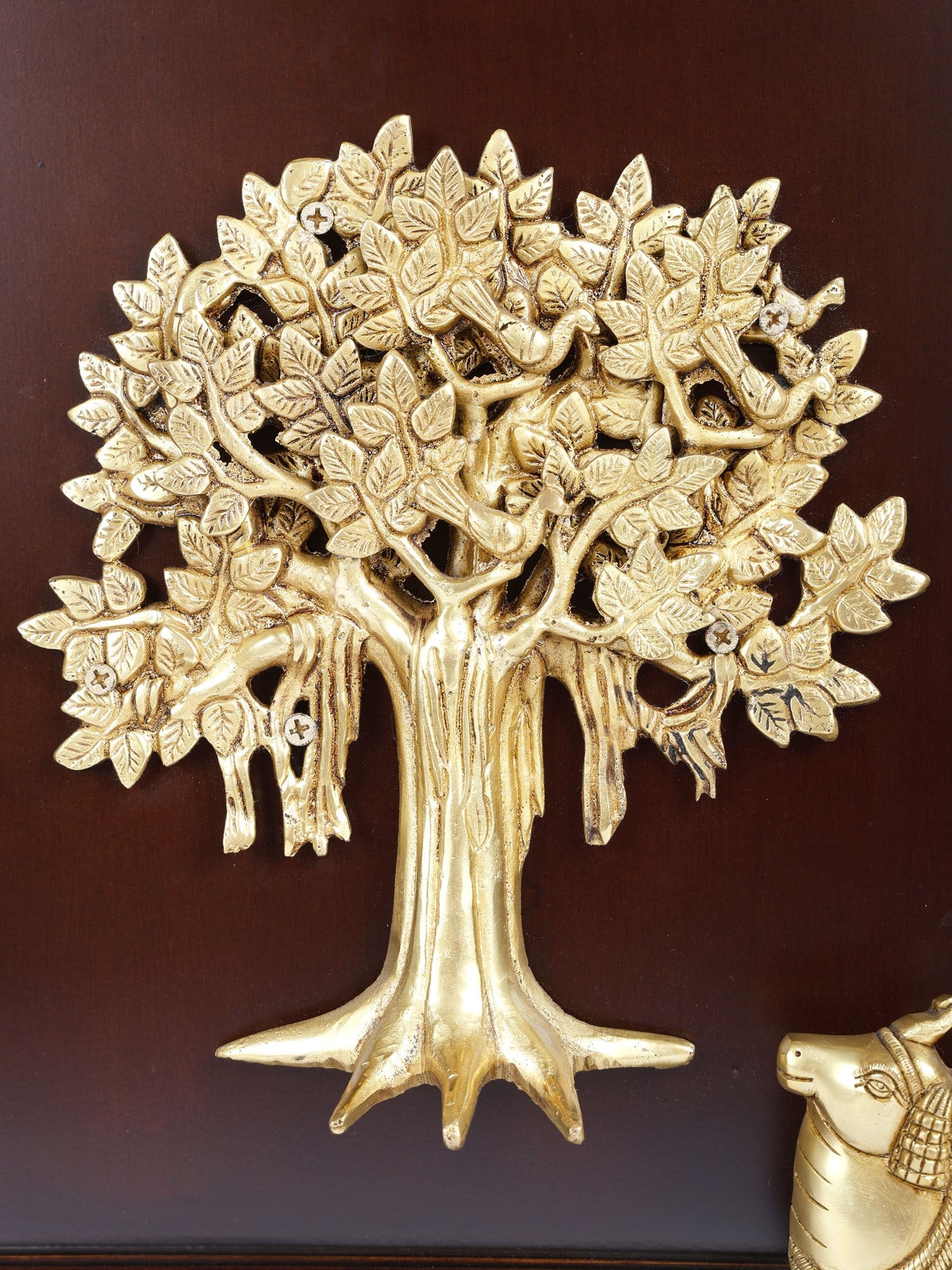16" Brass Kamadhenu Cow Under The Kalpavriksh Tree | Wood Framed | Wall Hanging - 2