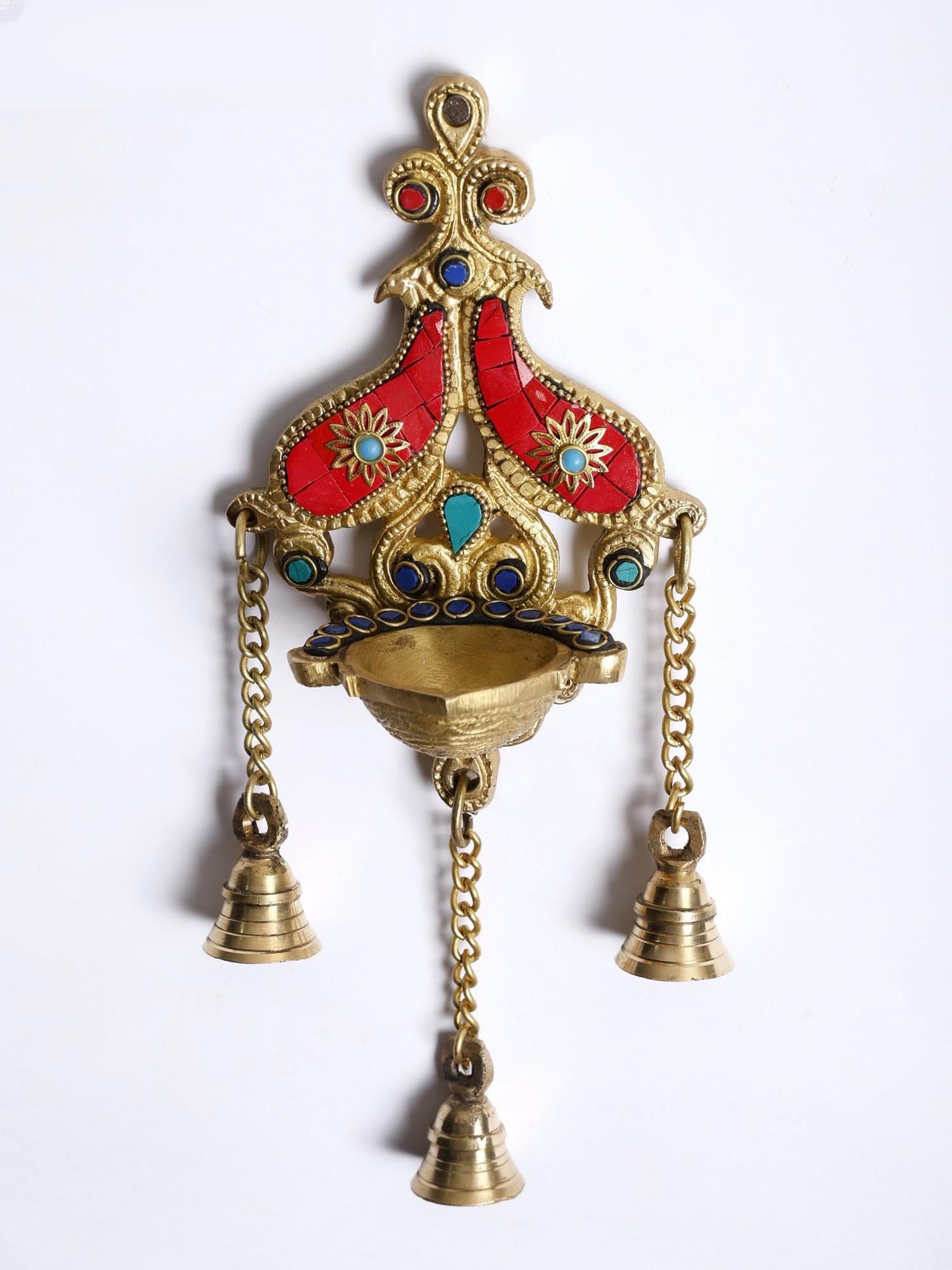 11" Designer Wall Hanging Diya with Bells | Brass with Inlay Work (1 of 2)