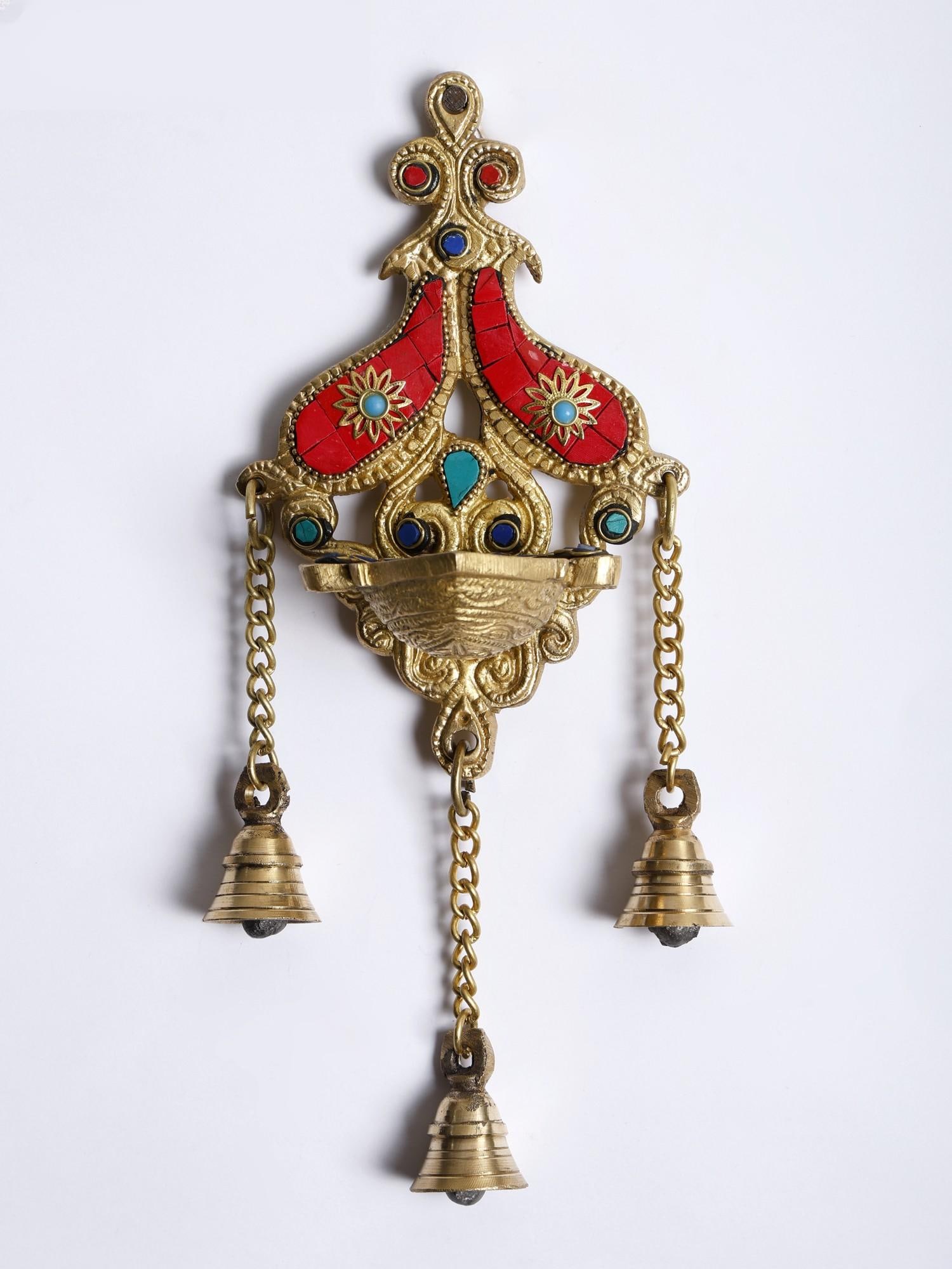 11" Designer Wall Hanging Diya with Bells | Brass with Inlay Work - 2