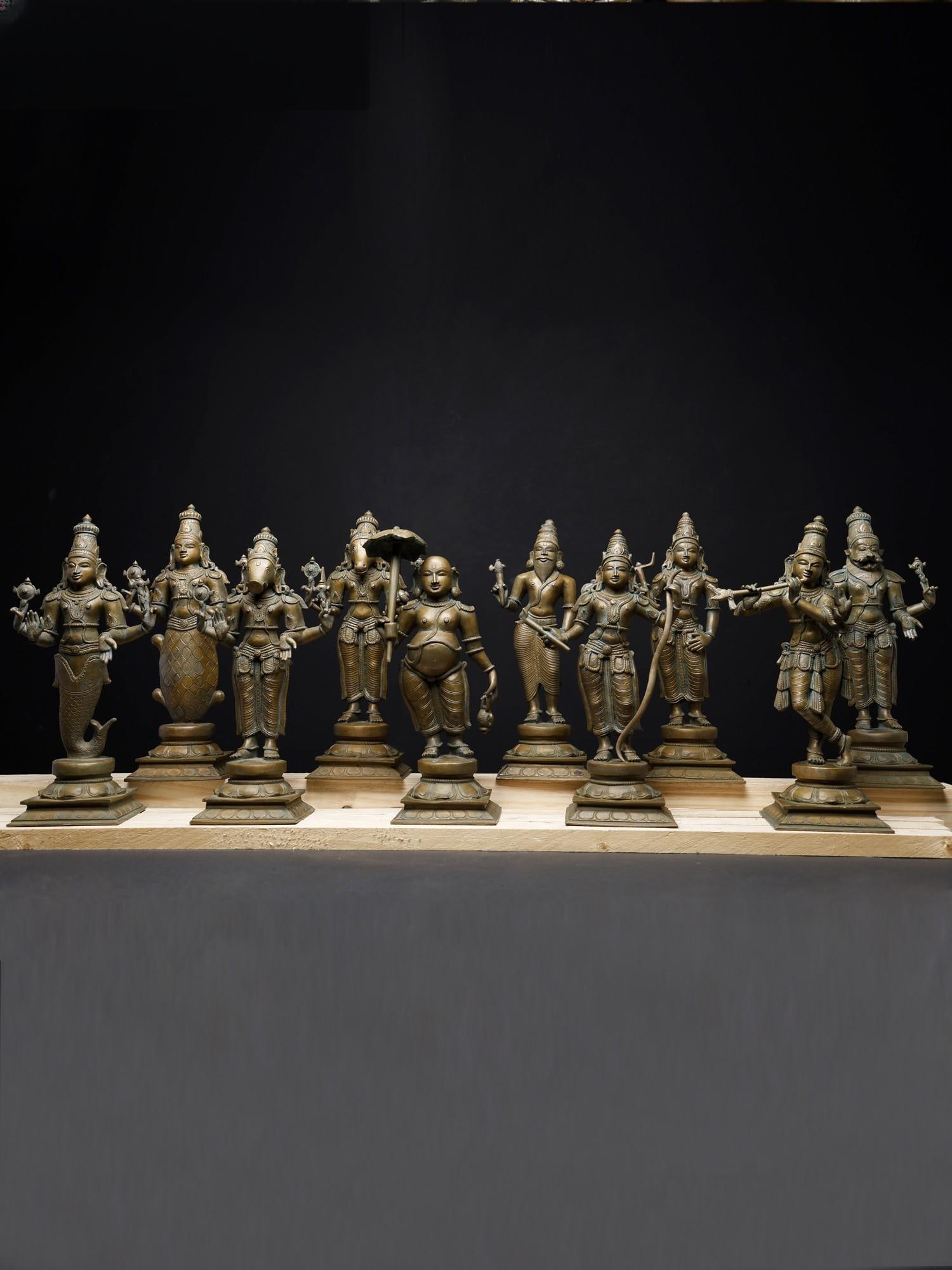 12" Dashavatara of Lord Vishnu | Set of 10 | Bronze Statues: Title: 12" Dashavatara of Lord Vishnu | Set of 10 | Bronze Statues Description: Average Statue Size : 12.5 inch Height X 6 inch Width X 4.3 inch Length Additional Information: Hindu Gods & Goddesses