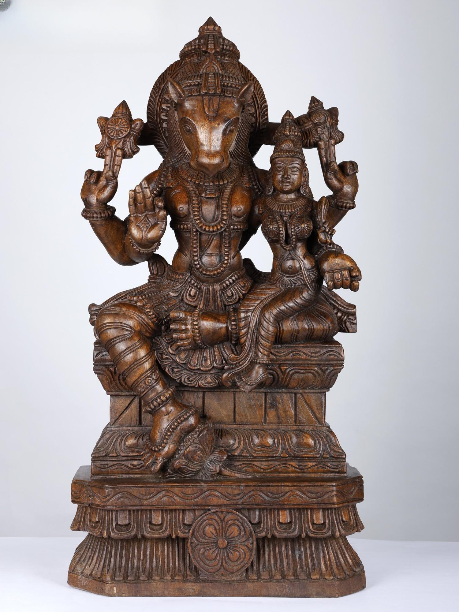 36" Large Lord Hayagriva with Devi Lakshmi | Wood Carved Statue (1 of 2)