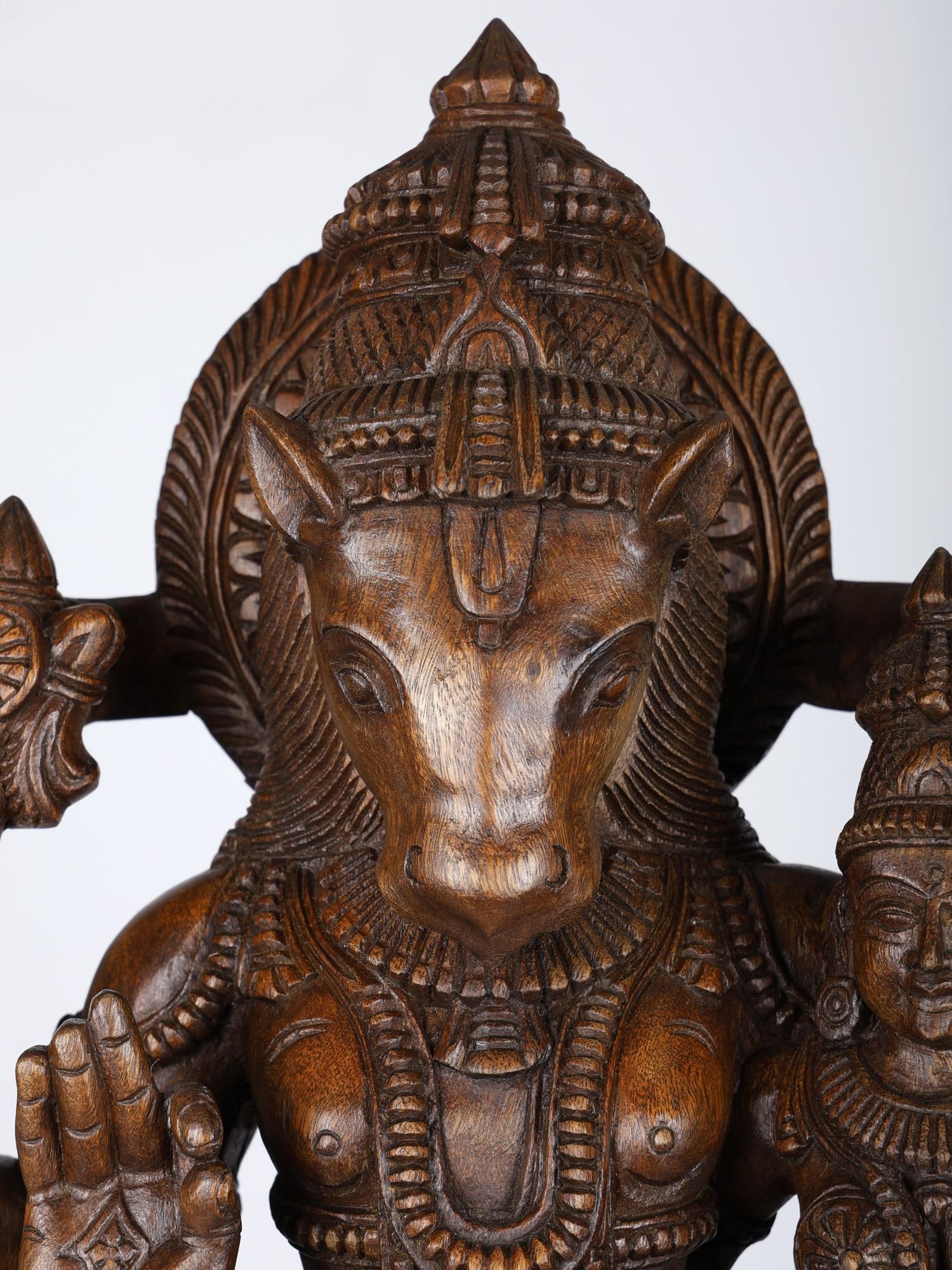 36" Large Lord Hayagriva with Devi Lakshmi | Wood Carved Statue - 2